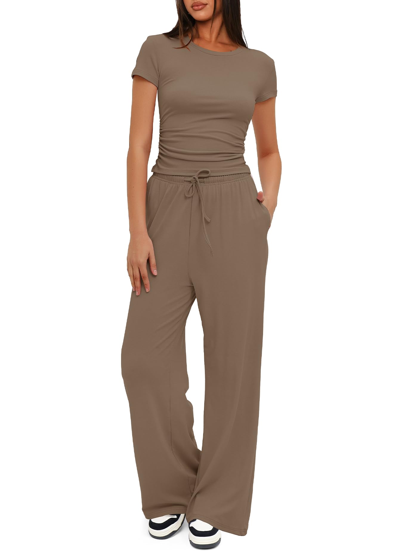 Darong Women's 2 Piece Outfits Lounge Sets Ruched Short Sleeve Tops and High Waisted Wide Leg Pants Tracksuit Sets