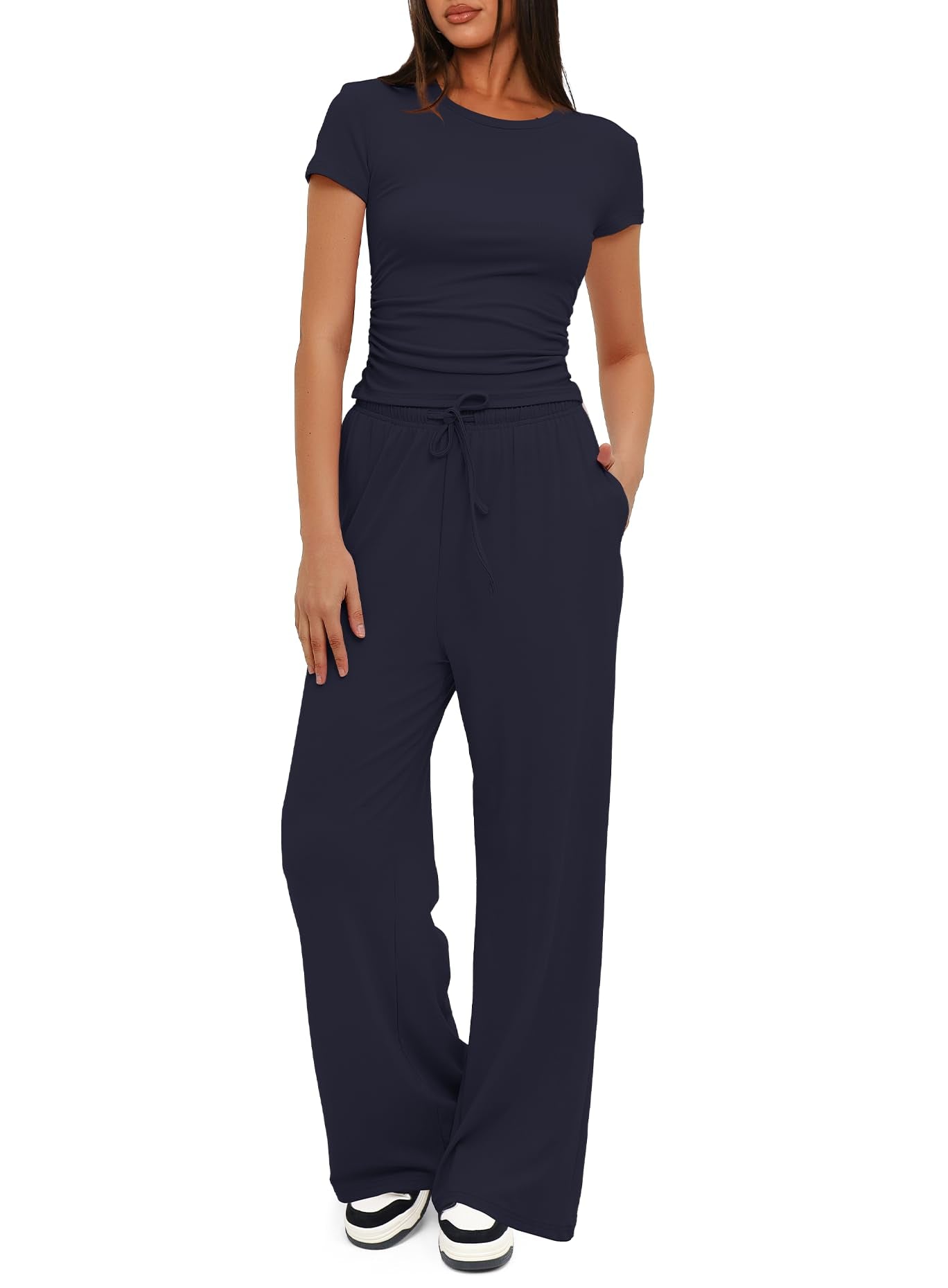 Darong Women's 2 Piece Outfits Lounge Sets Ruched Short Sleeve Tops and High Waisted Wide Leg Pants Tracksuit Sets