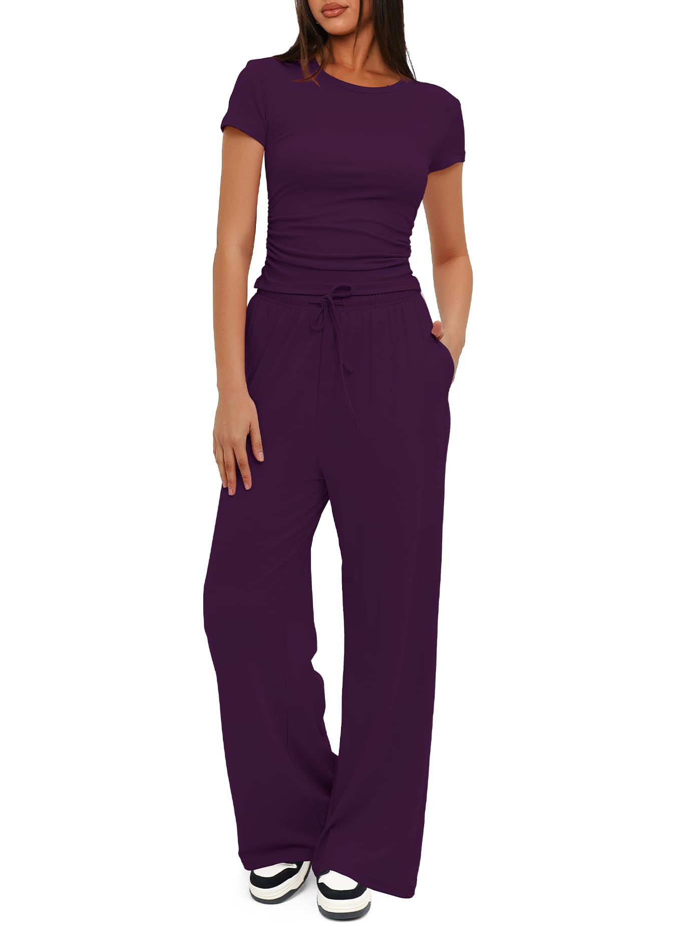 Darong Women's 2 Piece Outfits Lounge Sets Ruched Short Sleeve Tops and High Waisted Wide Leg Pants Tracksuit Sets