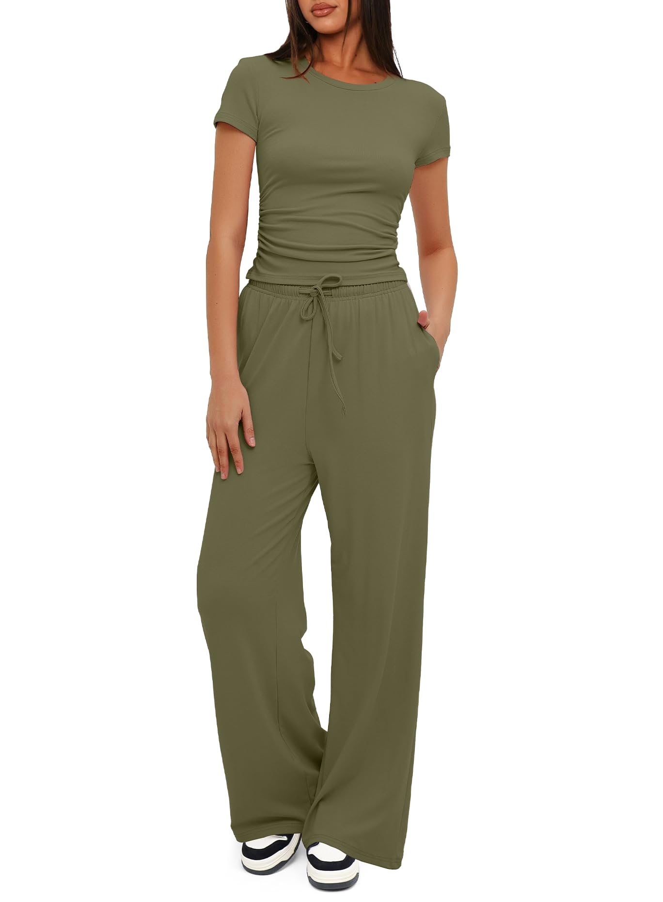 Darong Women's 2 Piece Outfits Lounge Sets Ruched Short Sleeve Tops and High Waisted Wide Leg Pants Tracksuit Sets