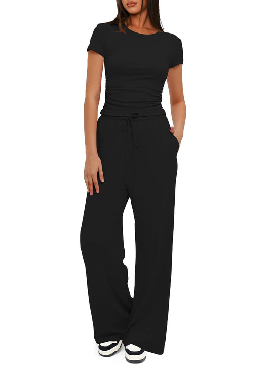 Darong Women's 2 Piece Outfits Lounge Sets Ruched Short Sleeve Tops and High Waisted Wide Leg Pants Tracksuit Sets