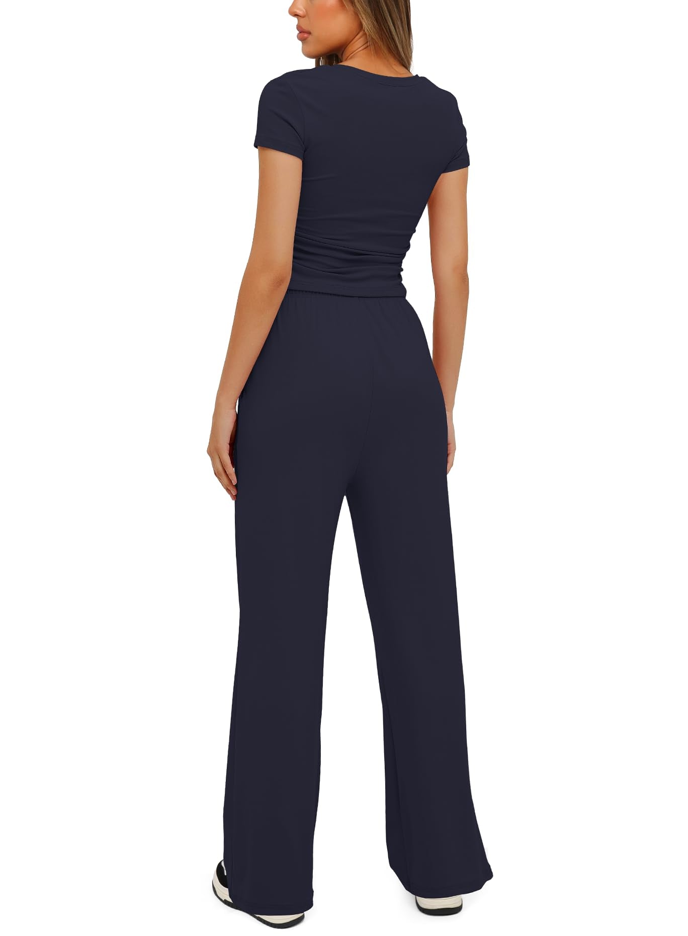 Darong Women's 2 Piece Outfits Lounge Sets Ruched Short Sleeve Tops and High Waisted Wide Leg Pants Tracksuit Sets