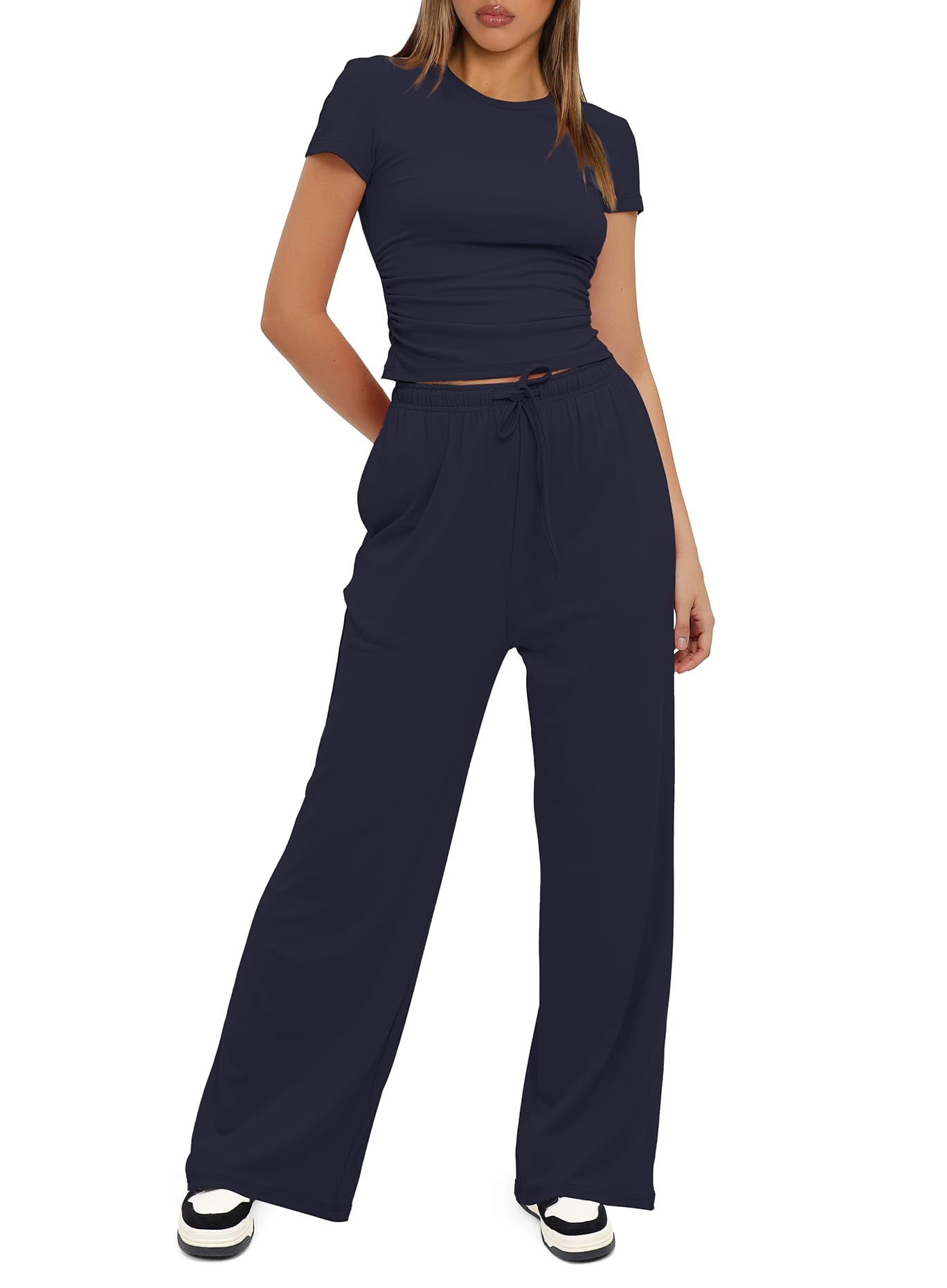 Darong Women's 2 Piece Outfits Lounge Sets Ruched Short Sleeve Tops and High Waisted Wide Leg Pants Tracksuit Sets