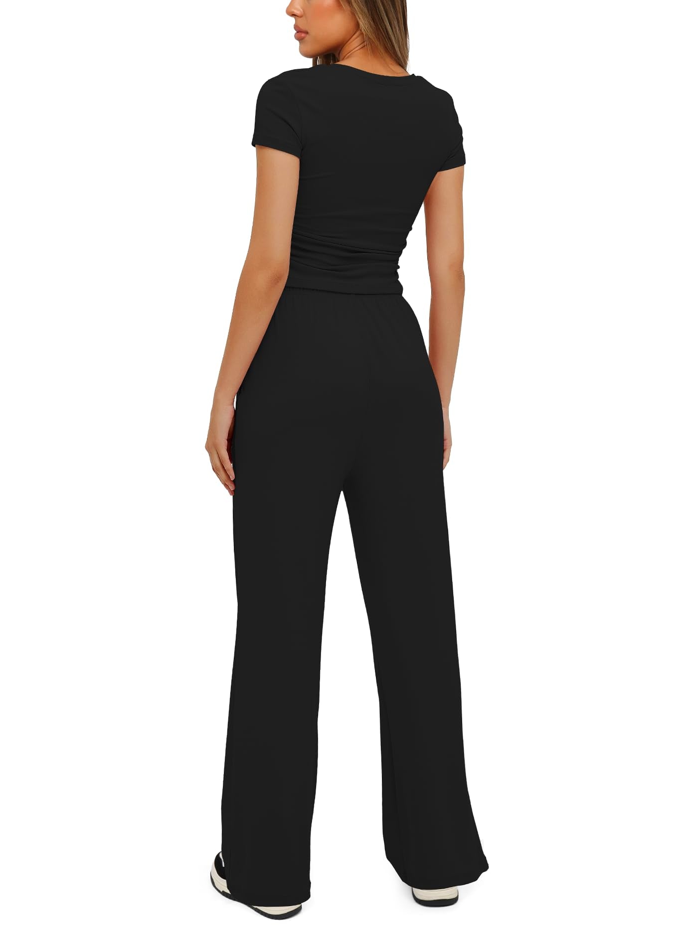 Darong Women's 2 Piece Outfits Lounge Sets Ruched Short Sleeve Tops and High Waisted Wide Leg Pants Tracksuit Sets