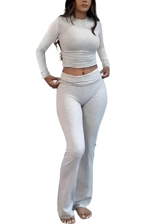 ZFLM Casual Workout Two Piece Outfits Long Sleeve High Waist Fold-over Flare Flared Leggings Pants Tracksuit Sets Streetwear