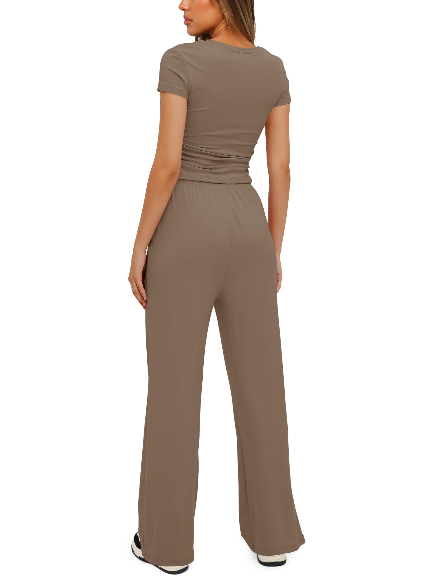 Darong Women's 2 Piece Outfits Lounge Sets Ruched Short Sleeve Tops and High Waisted Wide Leg Pants Tracksuit Sets