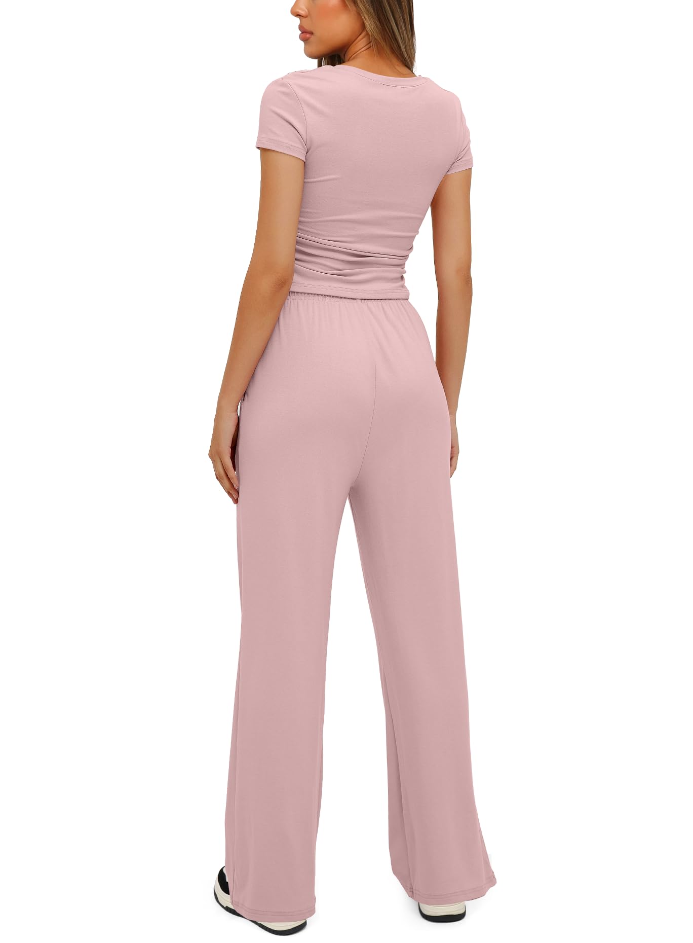 Darong Women's 2 Piece Outfits Lounge Sets Ruched Short Sleeve Tops and High Waisted Wide Leg Pants Tracksuit Sets