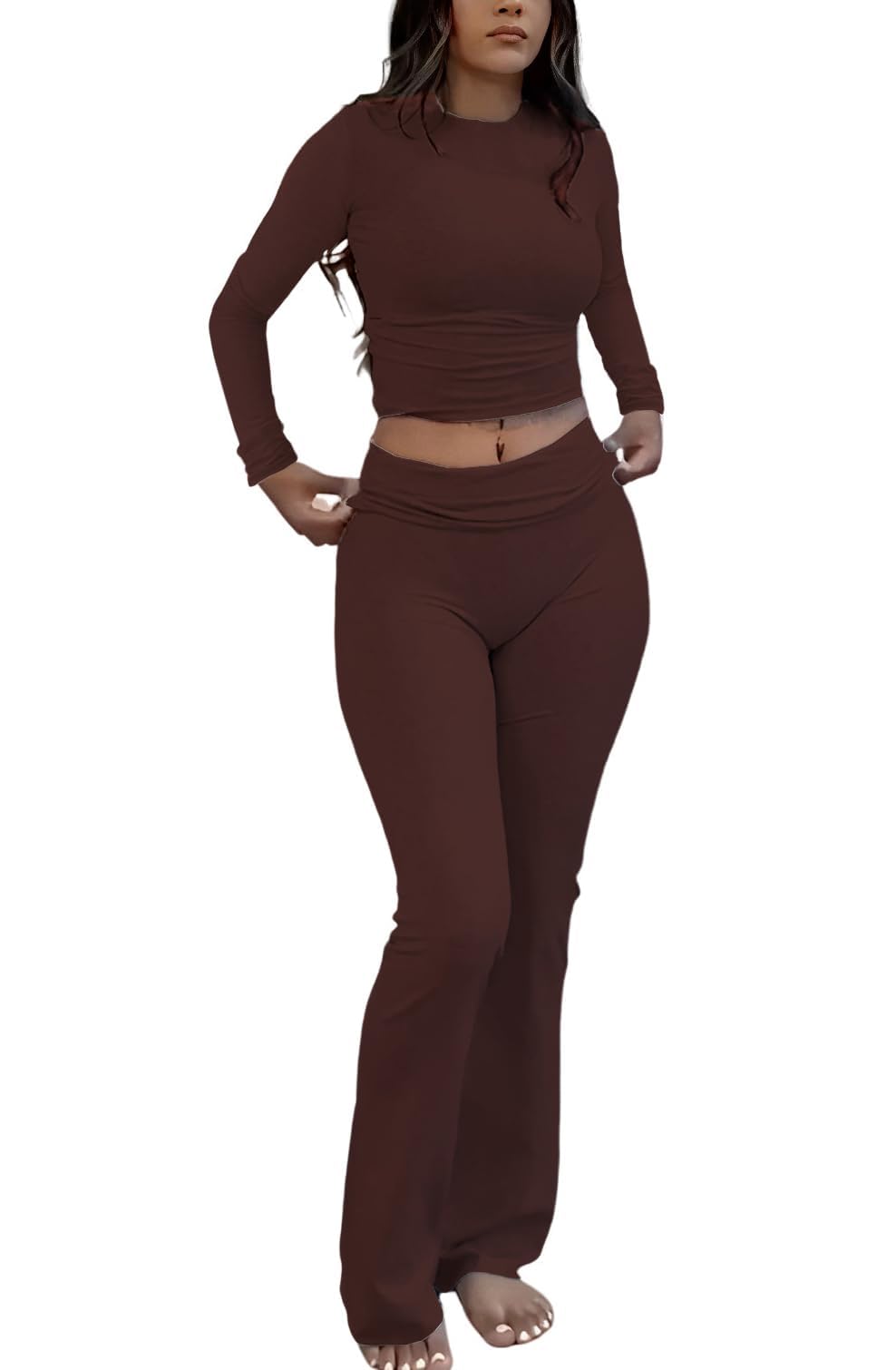 ZFLM Casual Workout Two Piece Outfits Long Sleeve High Waist Fold-over Flare Flared Leggings Pants Tracksuit Sets Streetwear