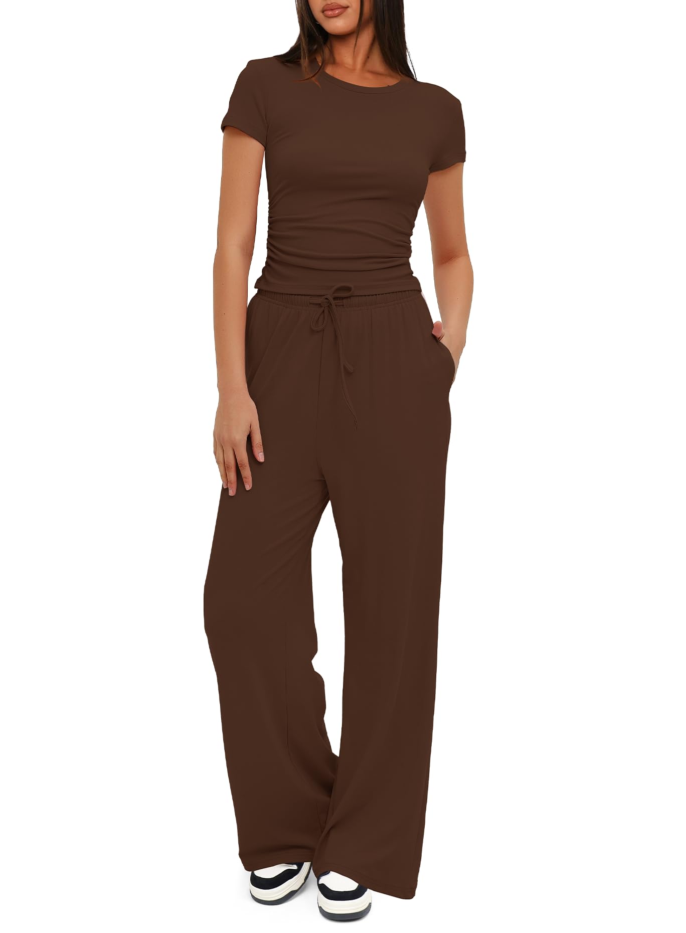 Darong Women's 2 Piece Outfits Lounge Sets Ruched Short Sleeve Tops and High Waisted Wide Leg Pants Tracksuit Sets