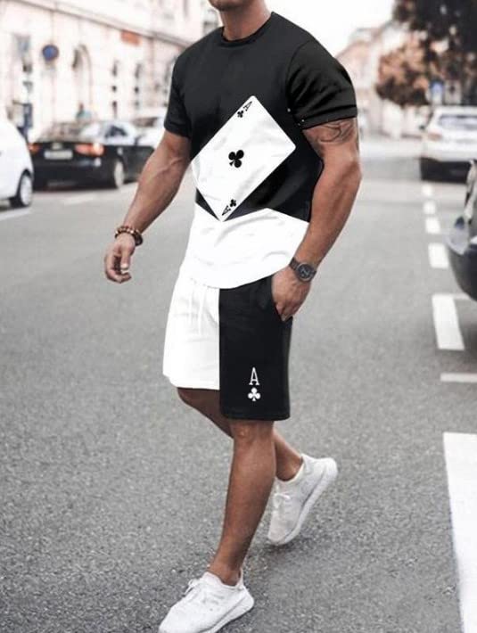 Men's Short Sets 2 Piece Summer Outfits Tracksuits Short Sleeve Shirt and Shorts 3D Poker Shirt