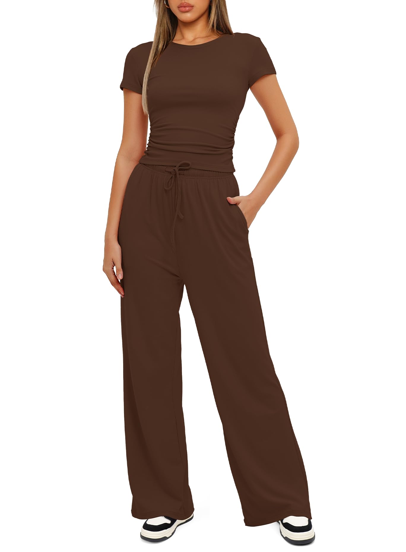 Darong Women's 2 Piece Outfits Lounge Sets Ruched Short Sleeve Tops and High Waisted Wide Leg Pants Tracksuit Sets