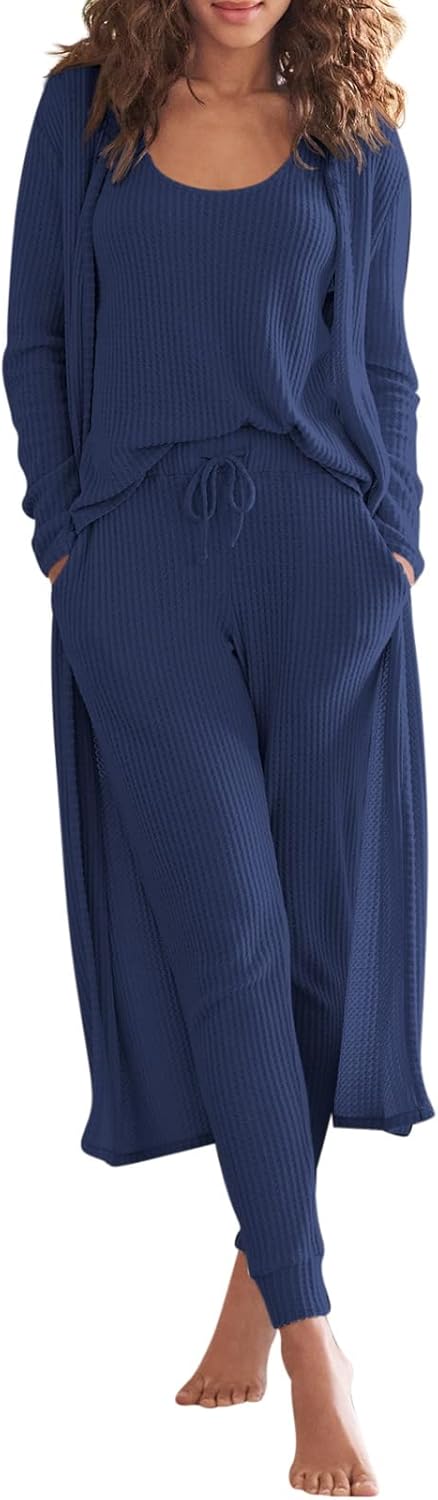 Eurivicy Womens Lounge Set Waffle Knit 3 Piece Pajama Sets Tank Tops Loose Pants with Long Cardigan Loungewear 2024
