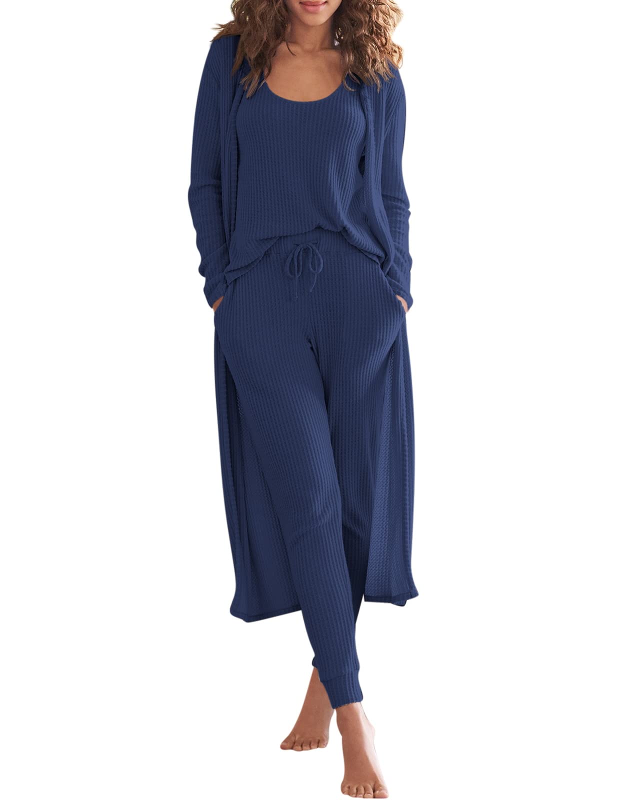 Eurivicy Womens Lounge Set Waffle Knit 3 Piece Pajama Sets Tank Tops Loose Pants with Long Cardigan Loungewear 2024