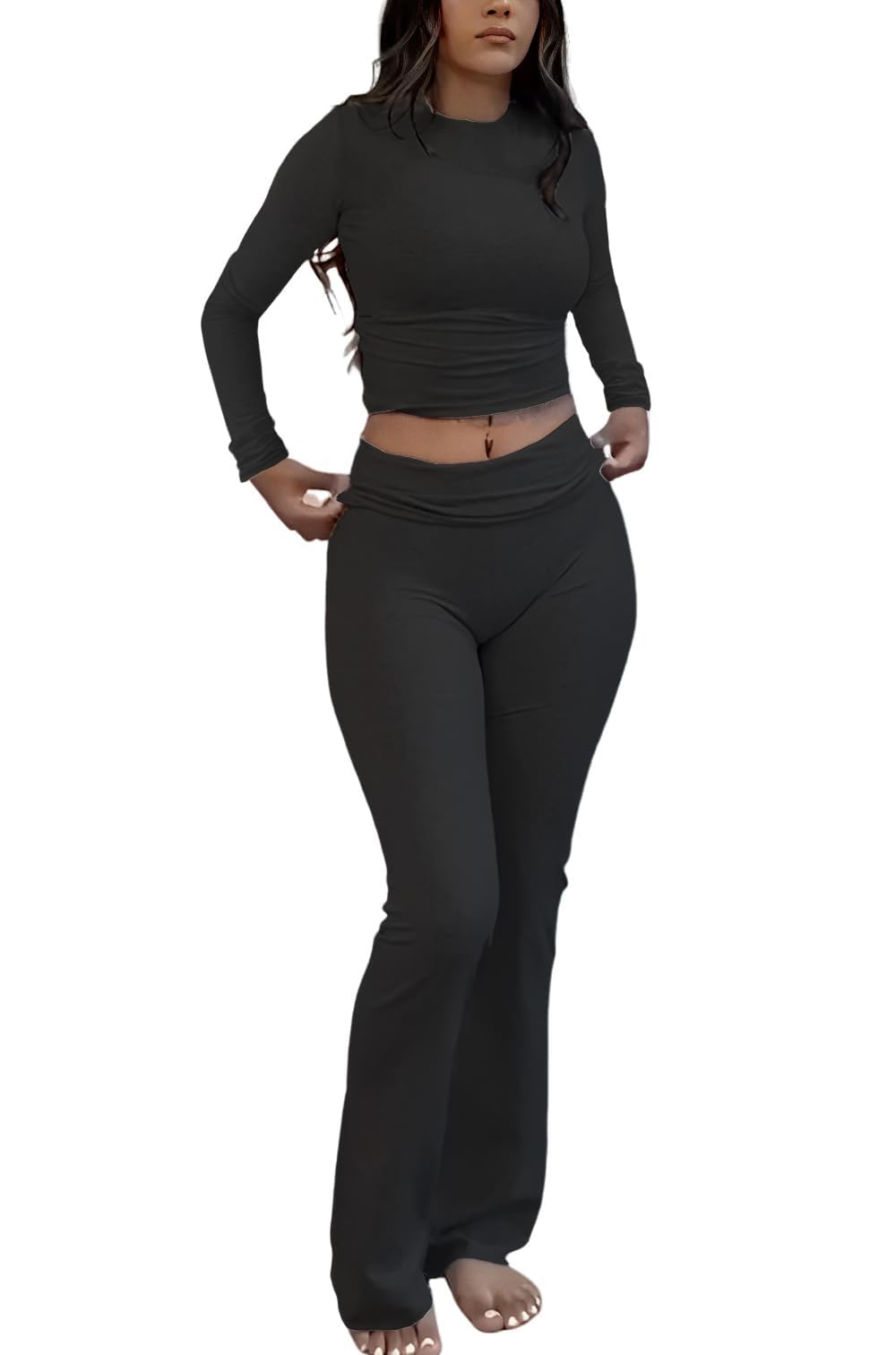 ZFLM Casual Workout Two Piece Outfits Long Sleeve High Waist Fold-over Flare Flared Leggings Pants Tracksuit Sets Streetwear