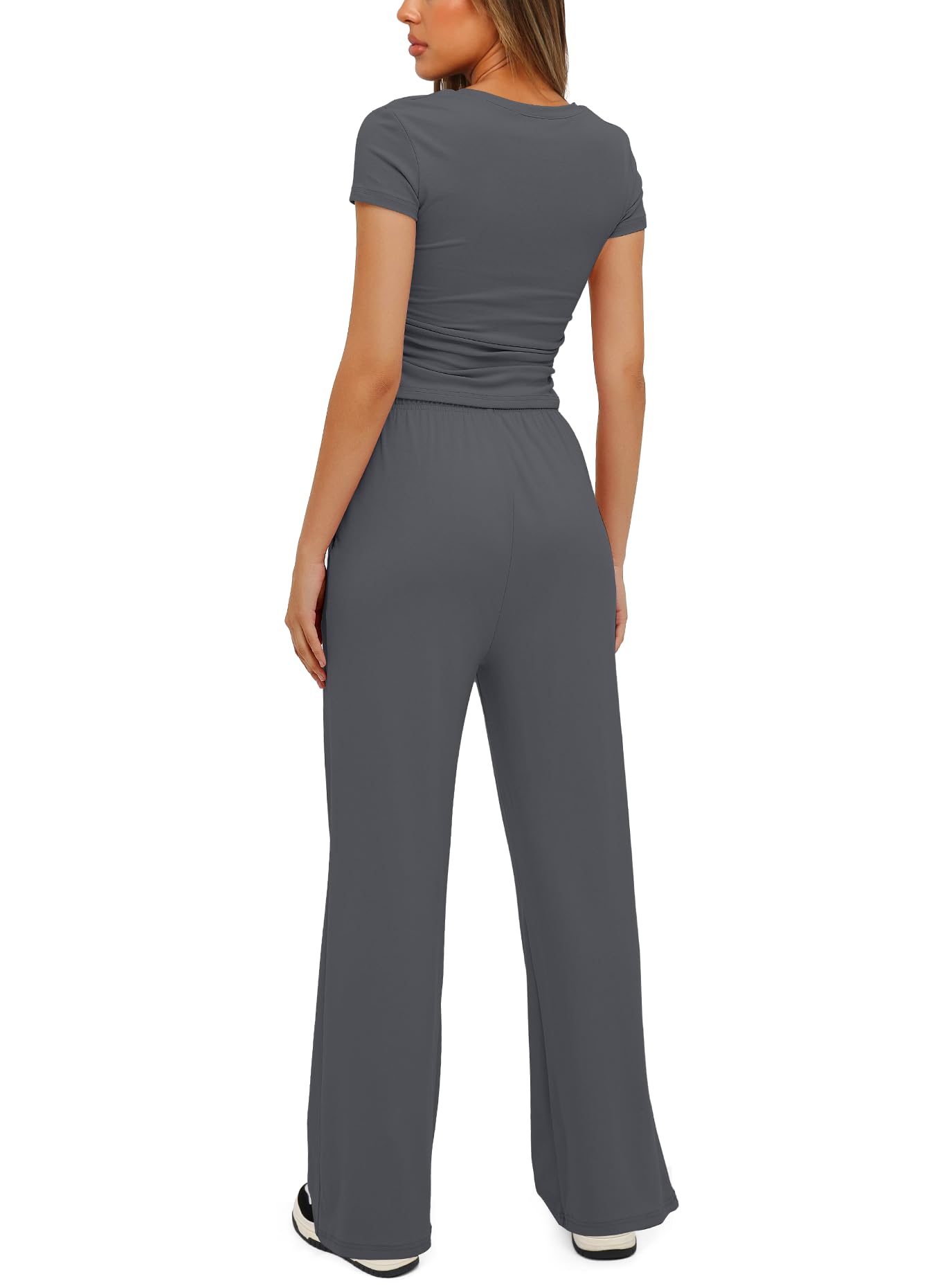 Darong Women's 2 Piece Outfits Lounge Sets Ruched Short Sleeve Tops and High Waisted Wide Leg Pants Tracksuit Sets