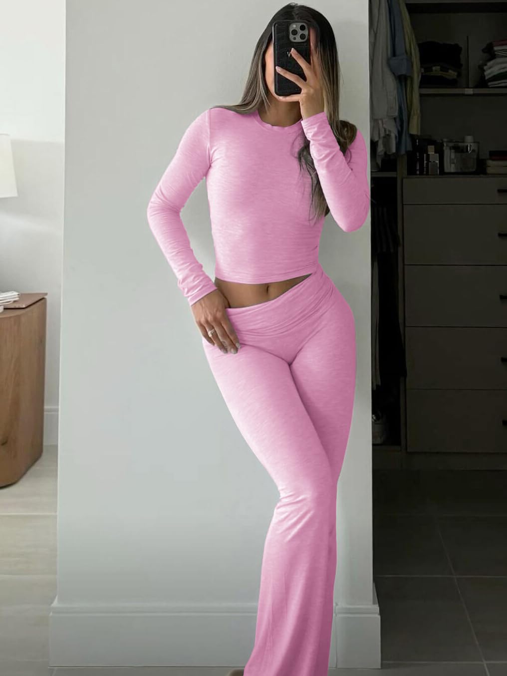 ZFLM Casual Workout Two Piece Outfits Long Sleeve High Waist Fold-over Flare Flared Leggings Pants Tracksuit Sets Streetwear