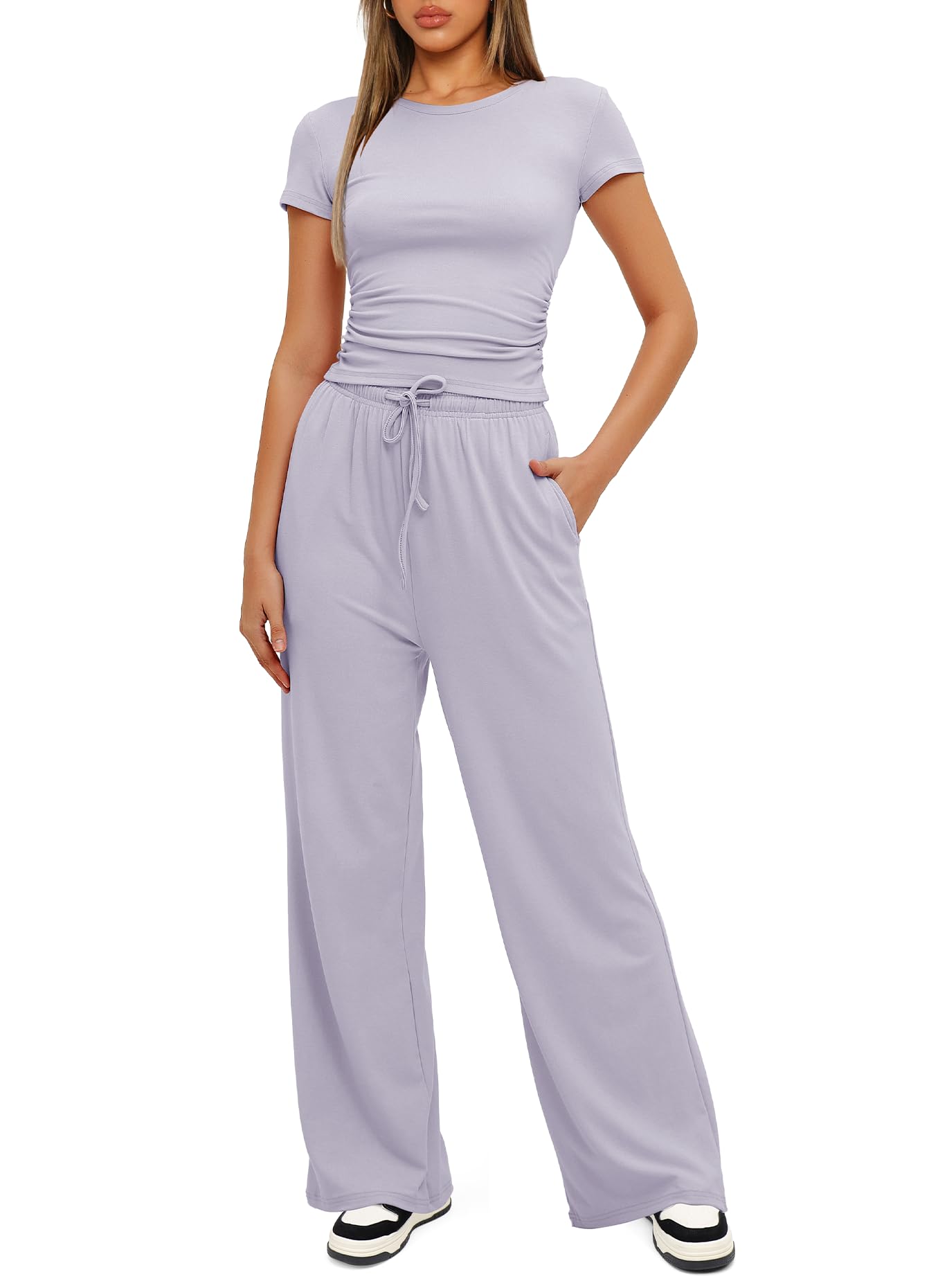 Darong Women's 2 Piece Outfits Lounge Sets Ruched Short Sleeve Tops and High Waisted Wide Leg Pants Tracksuit Sets