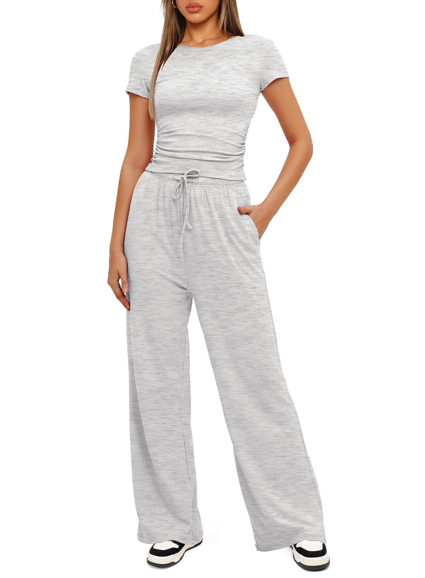 Darong Women's 2 Piece Outfits Lounge Sets Ruched Short Sleeve Tops and High Waisted Wide Leg Pants Tracksuit Sets