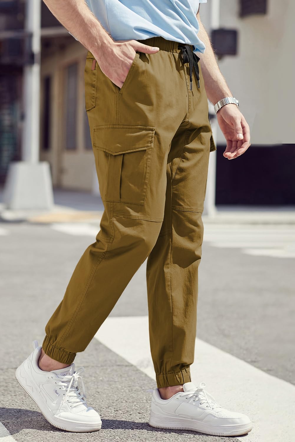 JMIERR Mens Fashion Cargo Pants - Casual Cotton Tapered Stretch Twill Drawstring Athletic Joggers Sweatpants with 6 Pockets