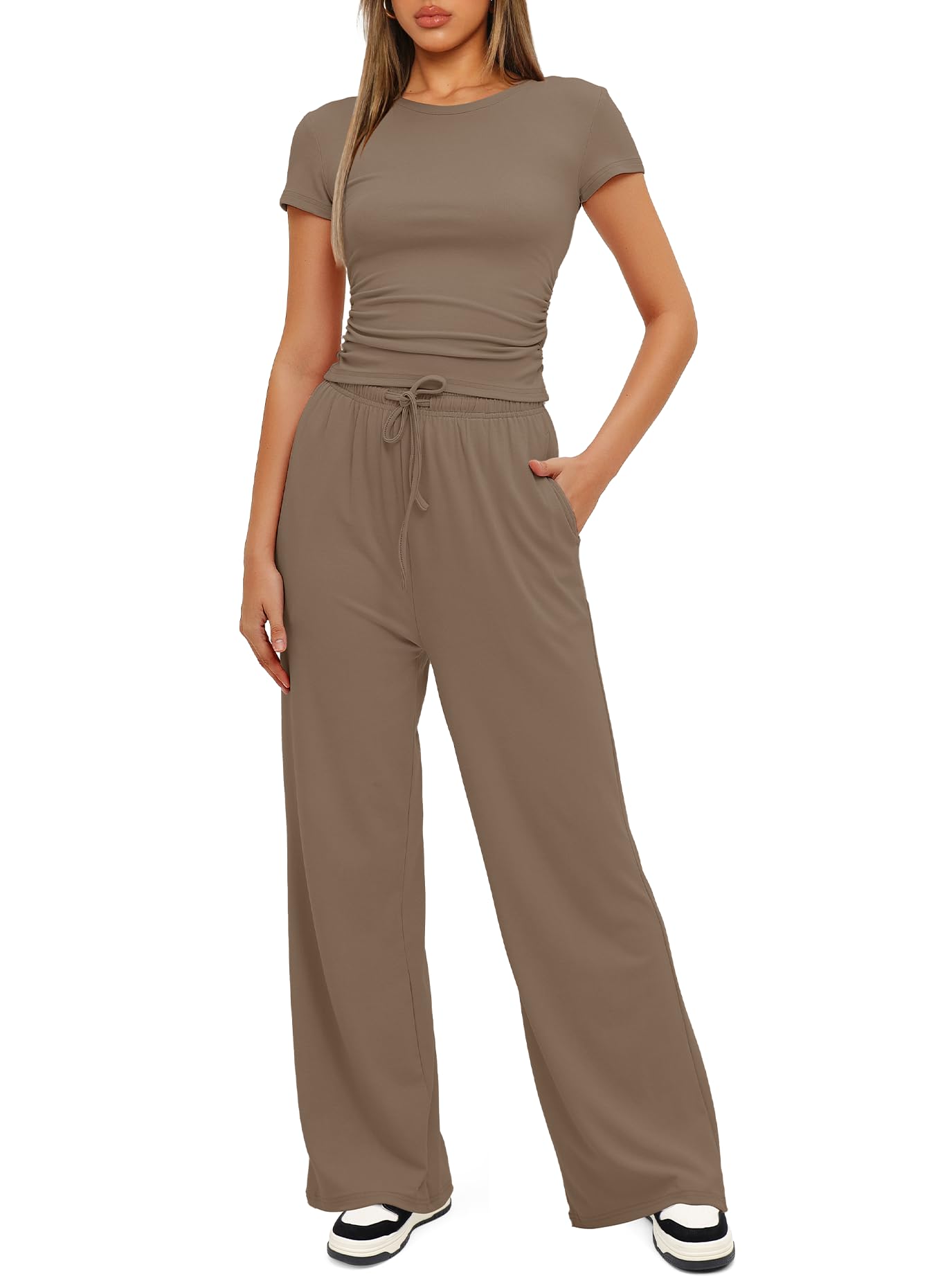 Darong Women's 2 Piece Outfits Lounge Sets Ruched Short Sleeve Tops and High Waisted Wide Leg Pants Tracksuit Sets
