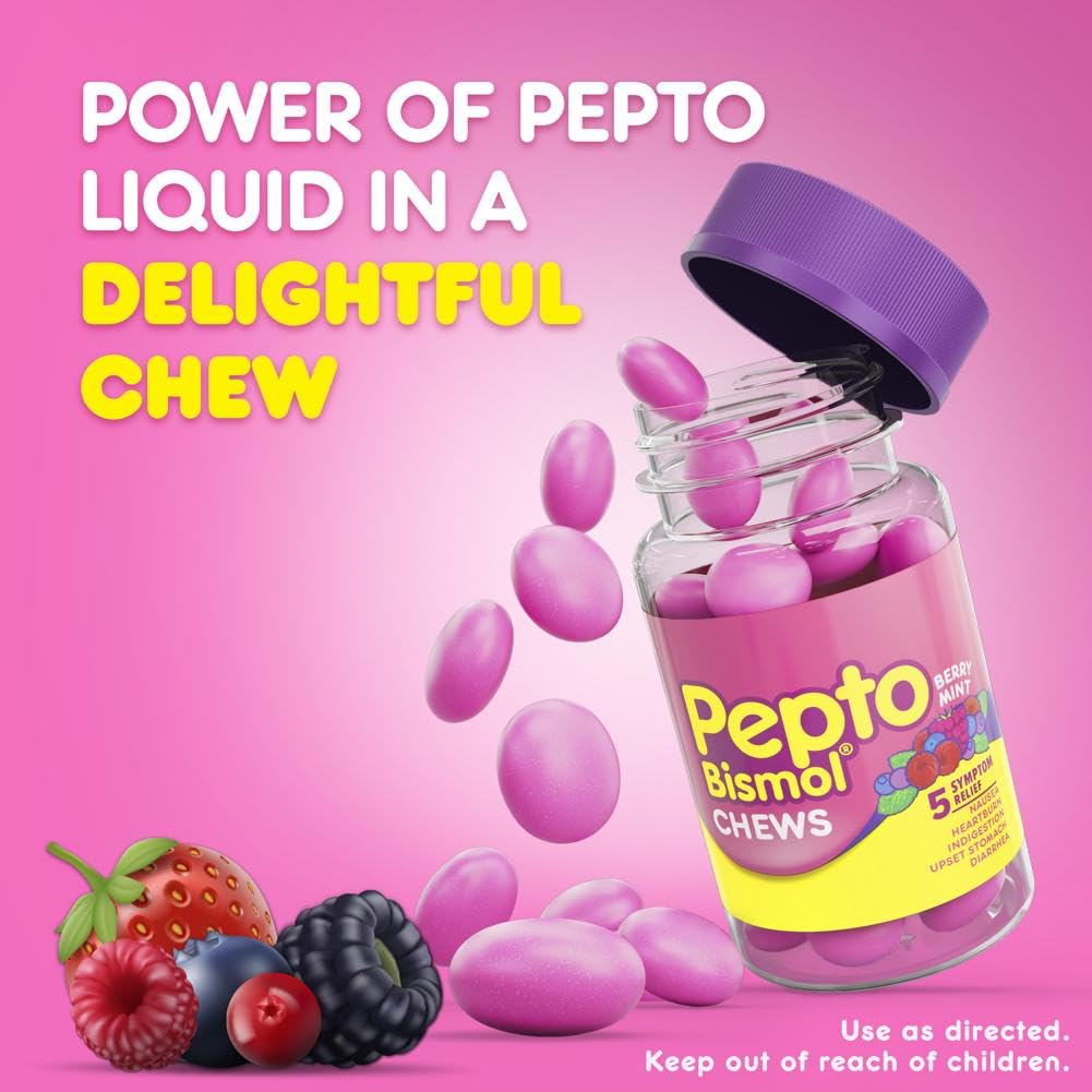 Pepto Bismol Chews, Fast and Effective Digestive Relief from Nausea, Heartburn, Indigestion, Upset Stomach, Diarrhea, 72 Total (3 Packs of 24)