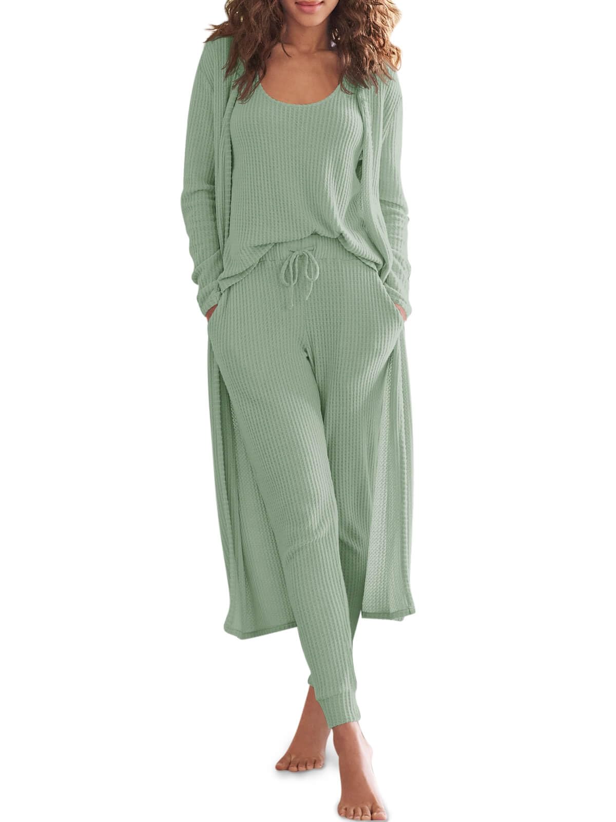Eurivicy Womens Lounge Set Waffle Knit 3 Piece Pajama Sets Tank Tops Loose Pants with Long Cardigan Loungewear 2024