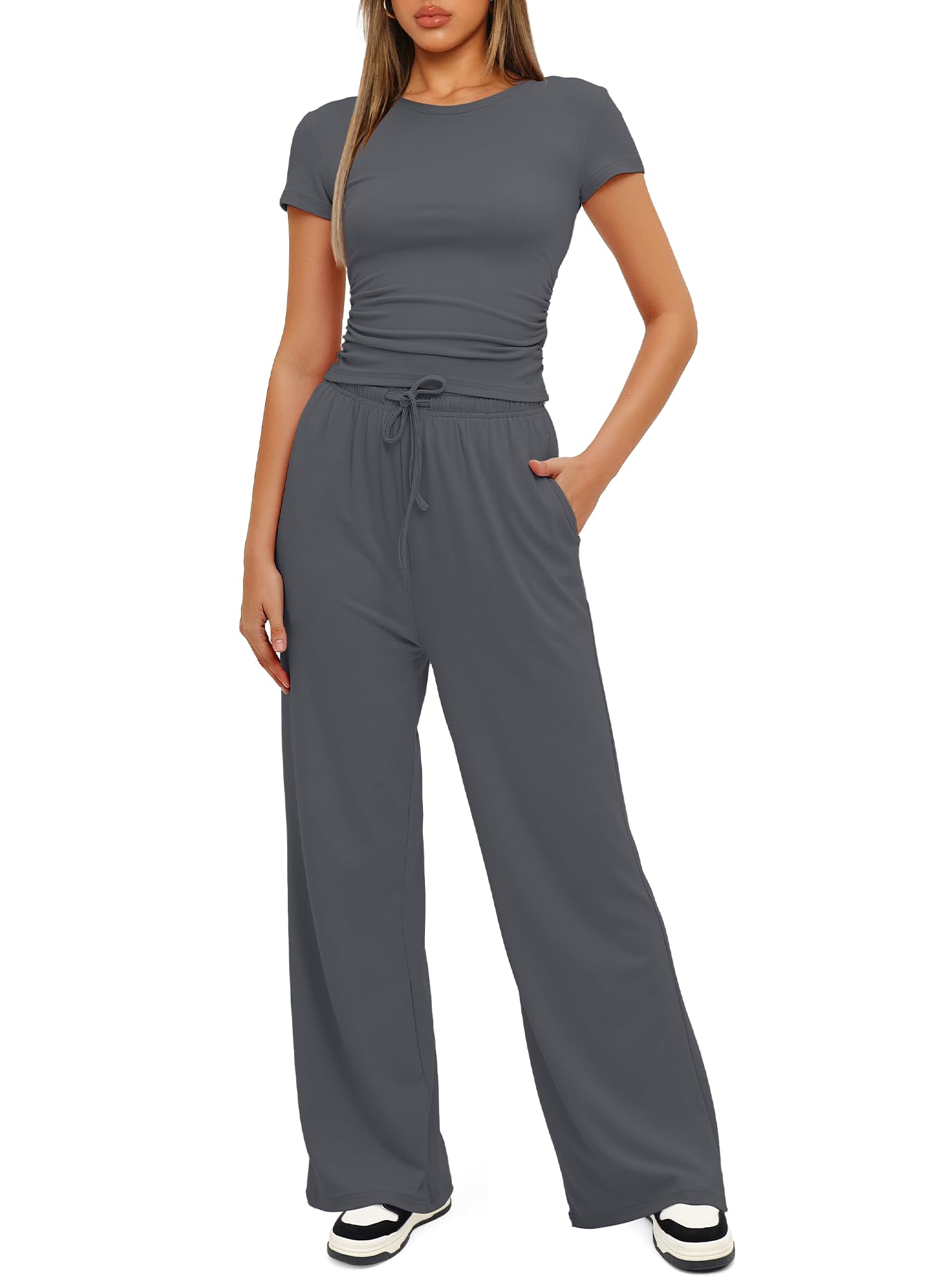 Darong Women's 2 Piece Outfits Lounge Sets Ruched Short Sleeve Tops and High Waisted Wide Leg Pants Tracksuit Sets