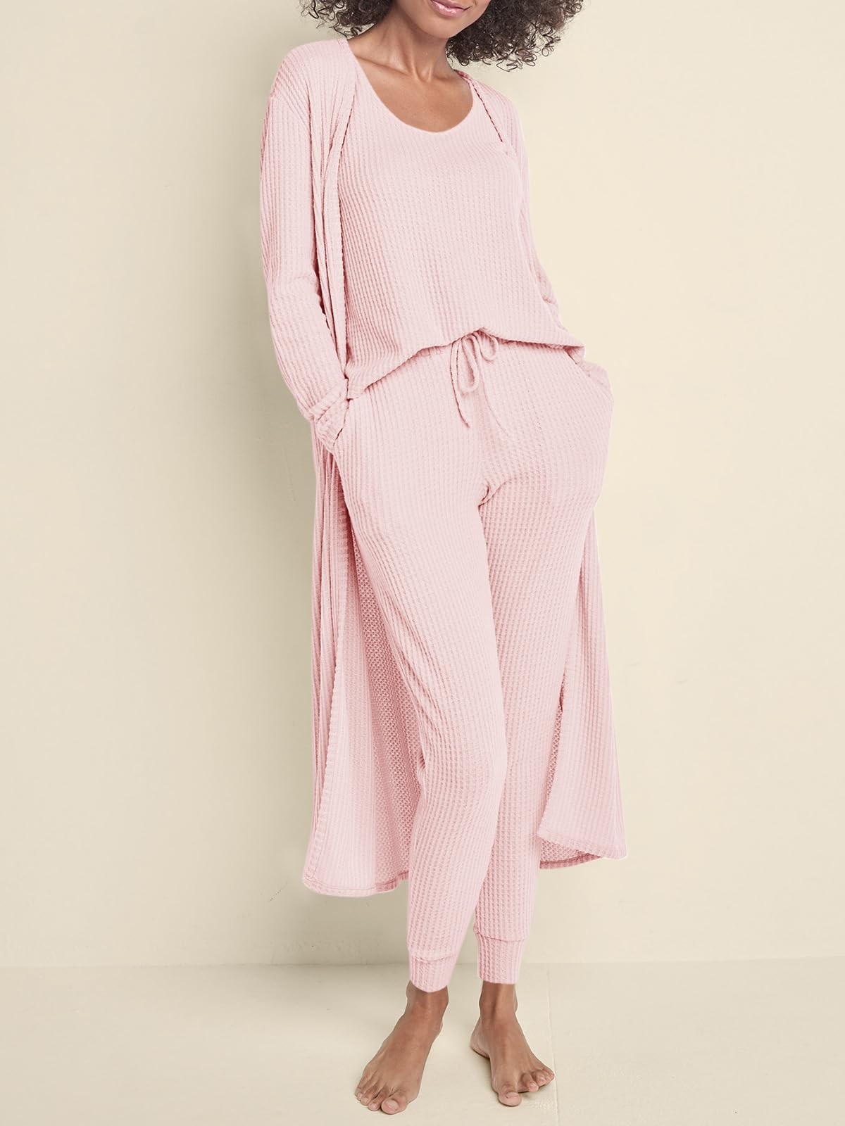 Eurivicy Womens Lounge Set Waffle Knit 3 Piece Pajama Sets Tank Tops Loose Pants with Long Cardigan Loungewear 2024