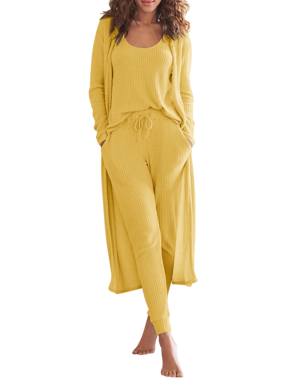 Eurivicy Womens Lounge Set Waffle Knit 3 Piece Pajama Sets Tank Tops Loose Pants with Long Cardigan Loungewear 2024