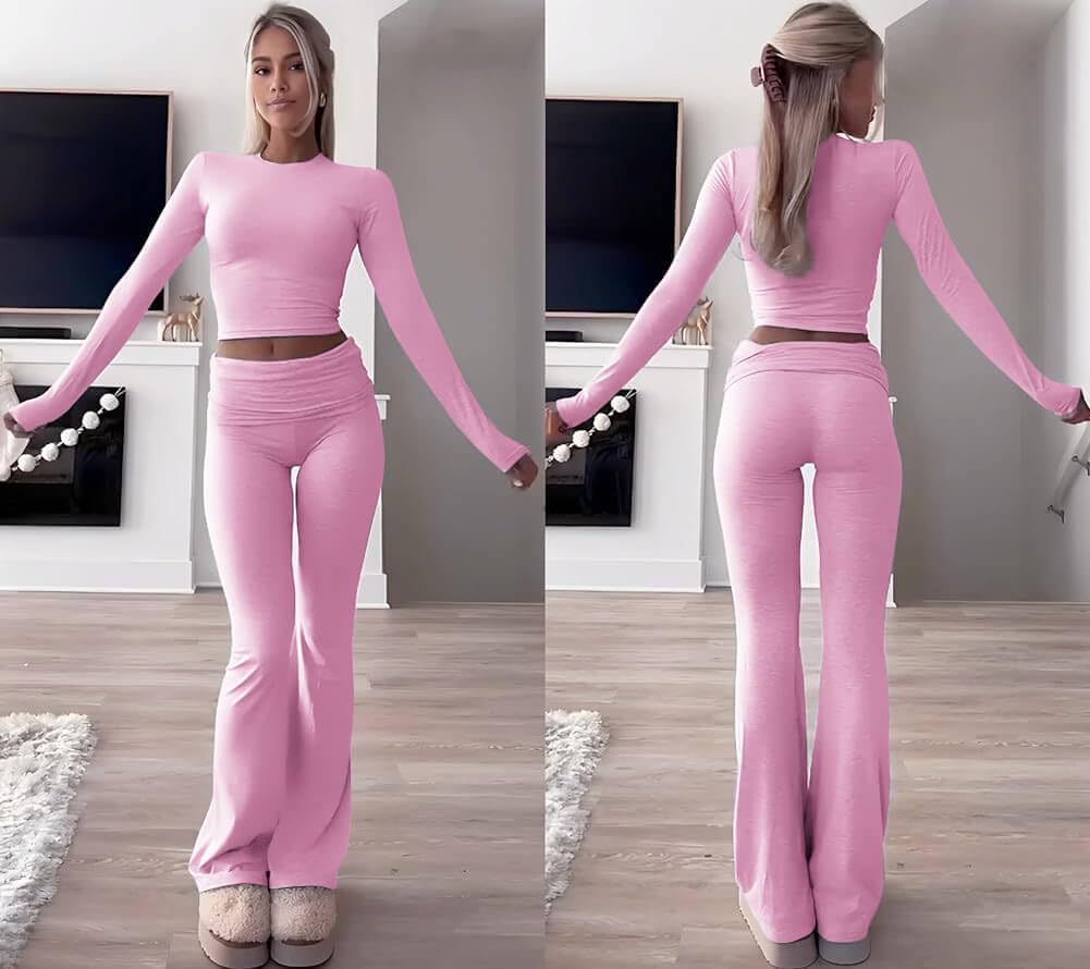 ZFLM Casual Workout Two Piece Outfits Long Sleeve High Waist Fold-over Flare Flared Leggings Pants Tracksuit Sets Streetwear