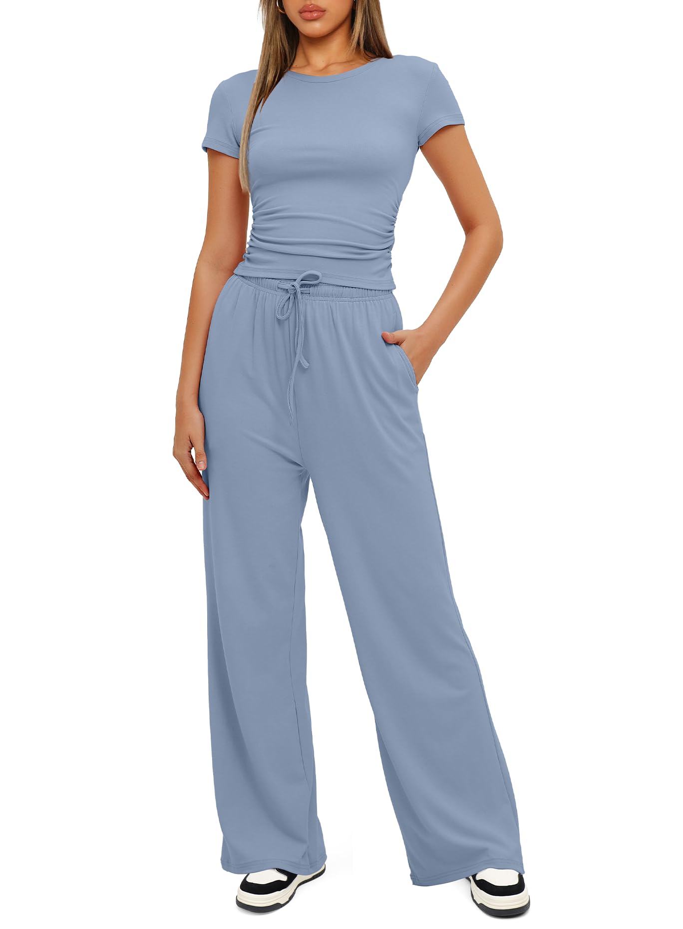 Darong Women's 2 Piece Outfits Lounge Sets Ruched Short Sleeve Tops and High Waisted Wide Leg Pants Tracksuit Sets