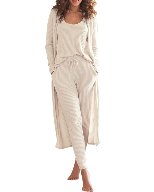 Eurivicy Womens Lounge Set Waffle Knit 3 Piece Pajama Sets Tank Tops Loose Pants with Long Cardigan Loungewear 2024