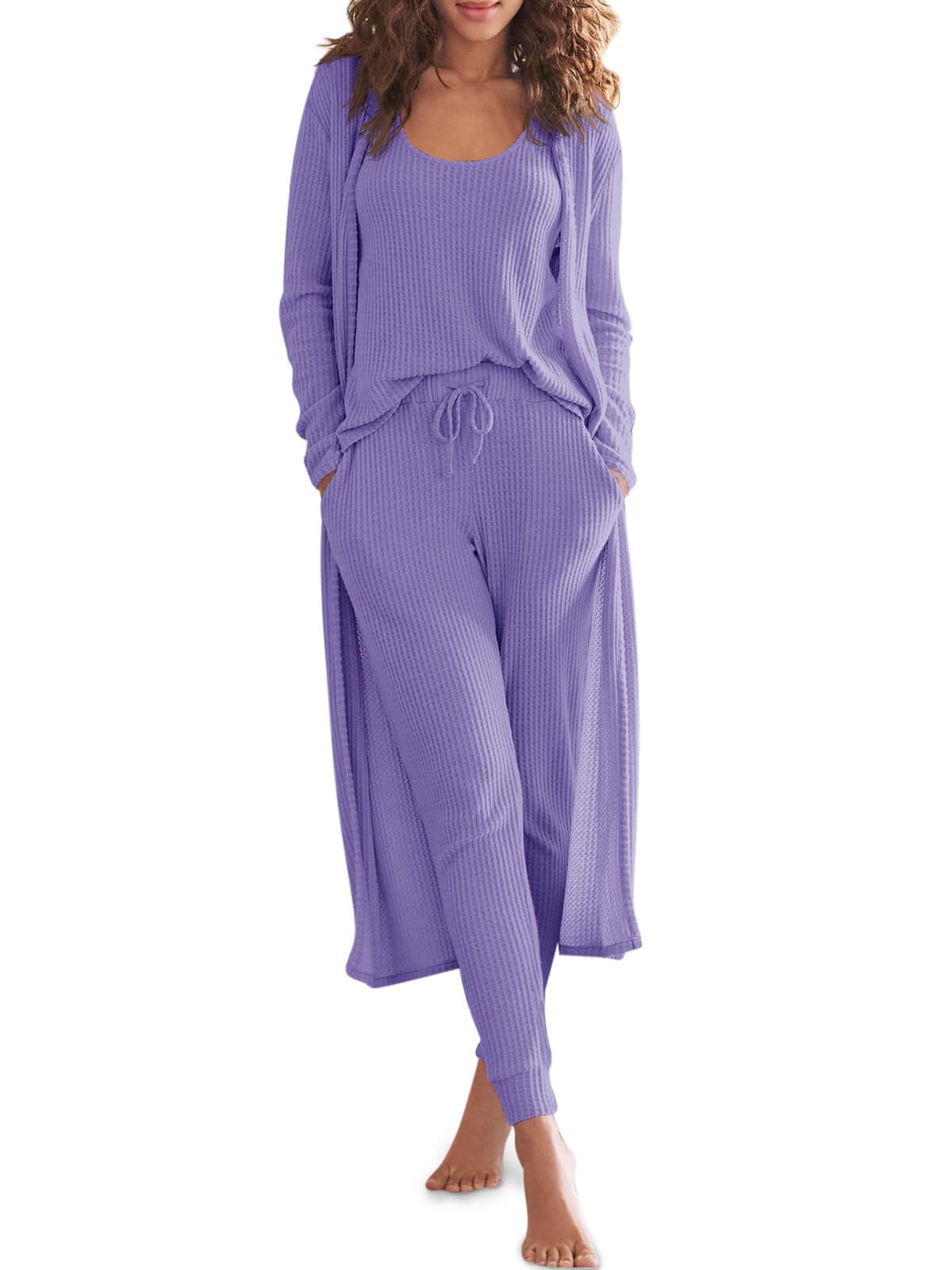 Eurivicy Womens Lounge Set Waffle Knit 3 Piece Pajama Sets Tank Tops Loose Pants with Long Cardigan Loungewear 2024