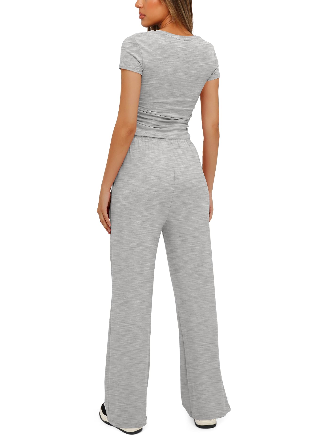Darong Women's 2 Piece Outfits Lounge Sets Ruched Short Sleeve Tops and High Waisted Wide Leg Pants Tracksuit Sets