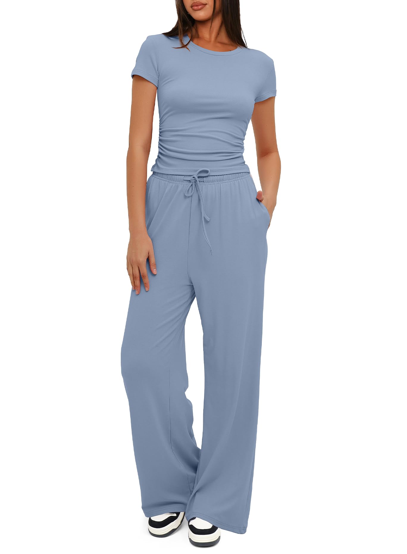 Darong Women's 2 Piece Outfits Lounge Sets Ruched Short Sleeve Tops and High Waisted Wide Leg Pants Tracksuit Sets