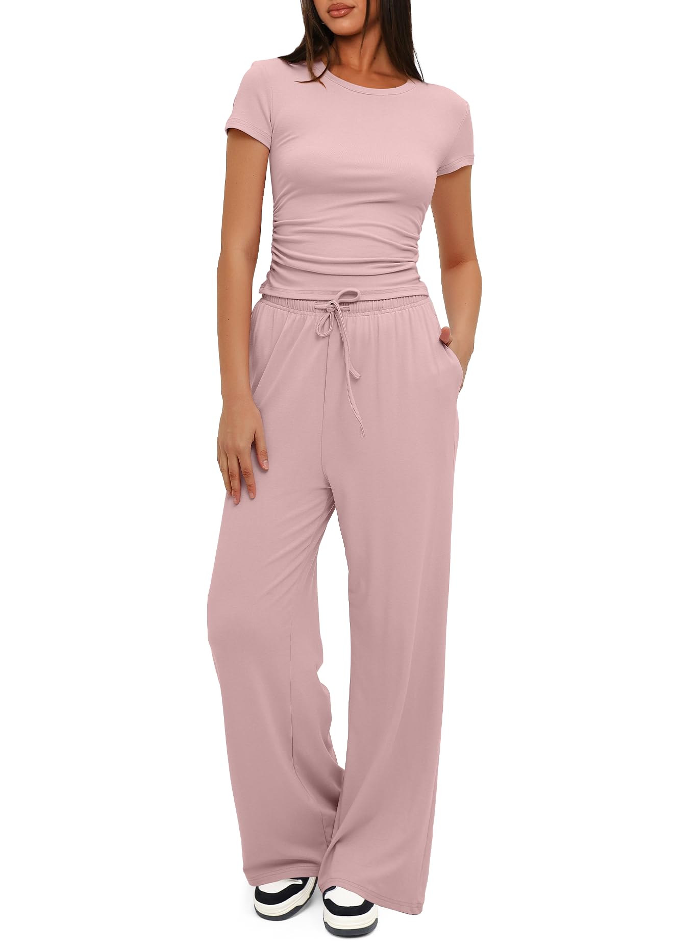 Darong Women's 2 Piece Outfits Lounge Sets Ruched Short Sleeve Tops and High Waisted Wide Leg Pants Tracksuit Sets