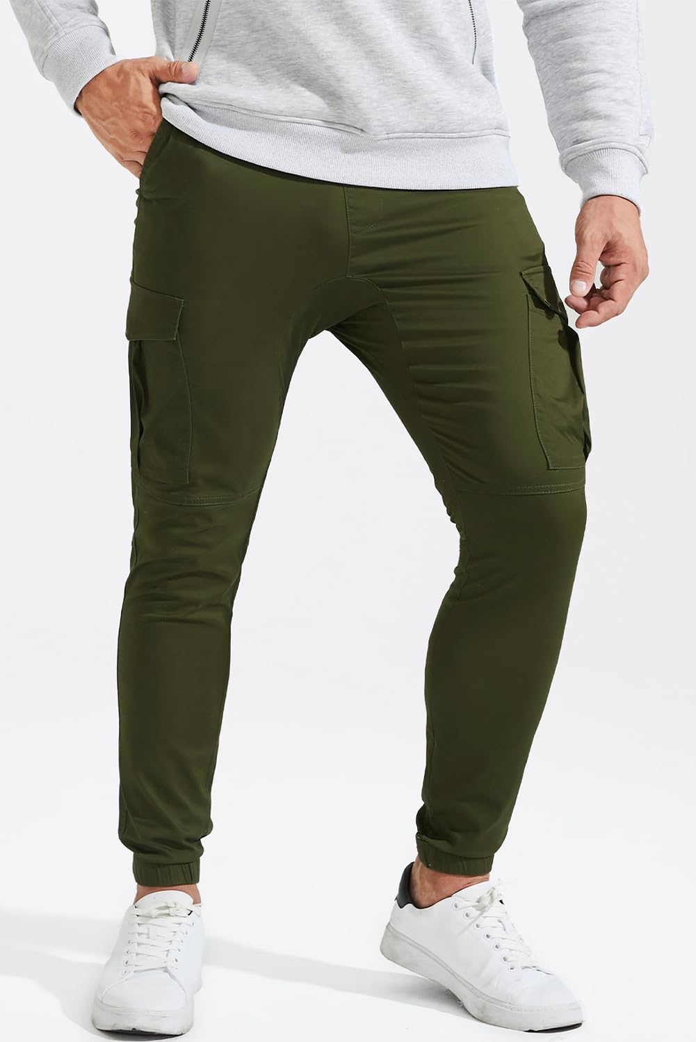 JMIERR Mens Fashion Cargo Pants - Casual Cotton Tapered Stretch Twill Drawstring Athletic Joggers Sweatpants with 6 Pockets