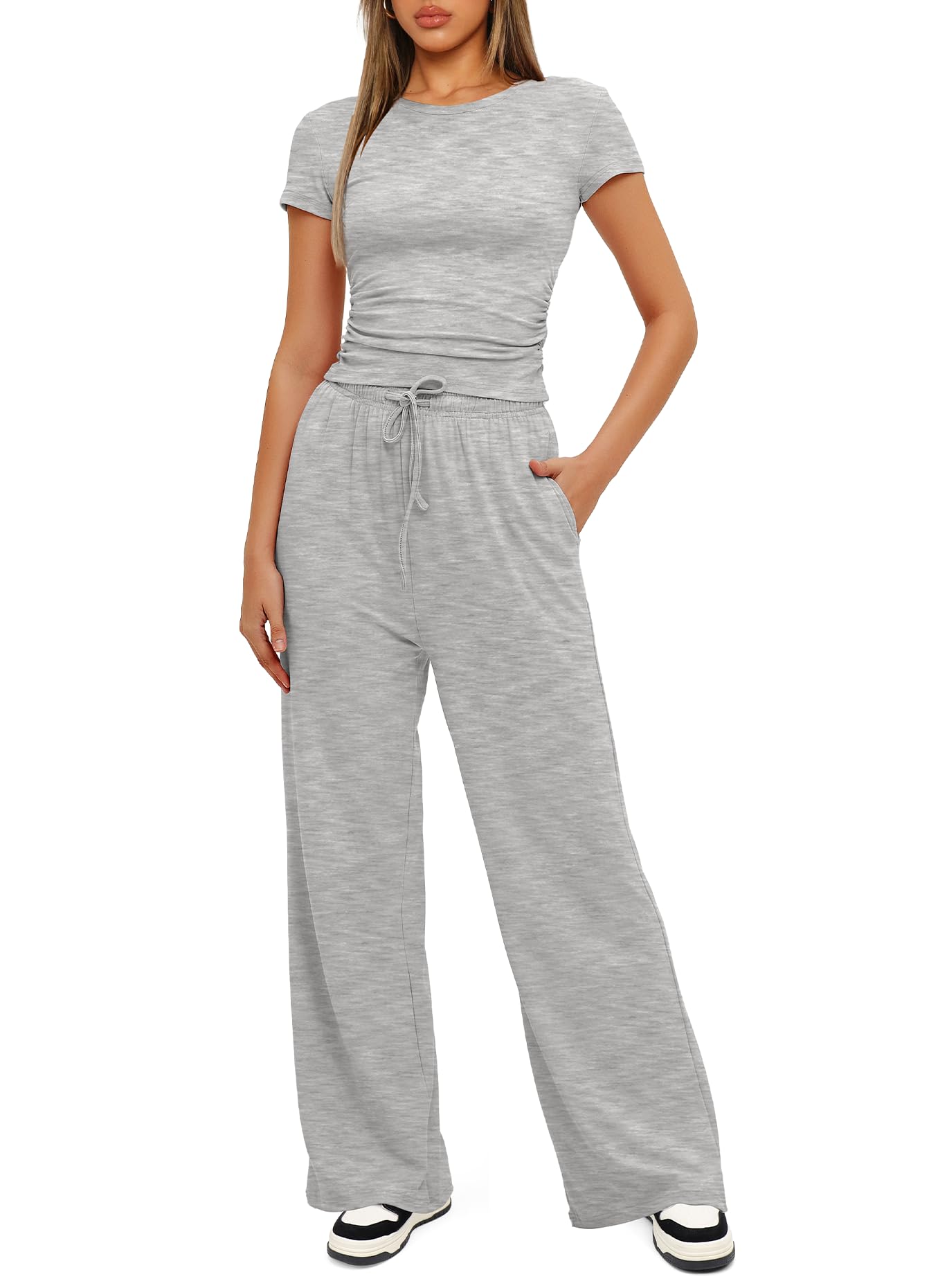 Darong Women's 2 Piece Outfits Lounge Sets Ruched Short Sleeve Tops and High Waisted Wide Leg Pants Tracksuit Sets
