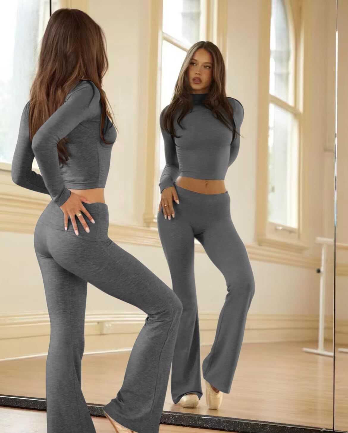 ZFLM Casual Workout Two Piece Outfits Long Sleeve High Waist Fold-over Flare Flared Leggings Pants Tracksuit Sets Streetwear
