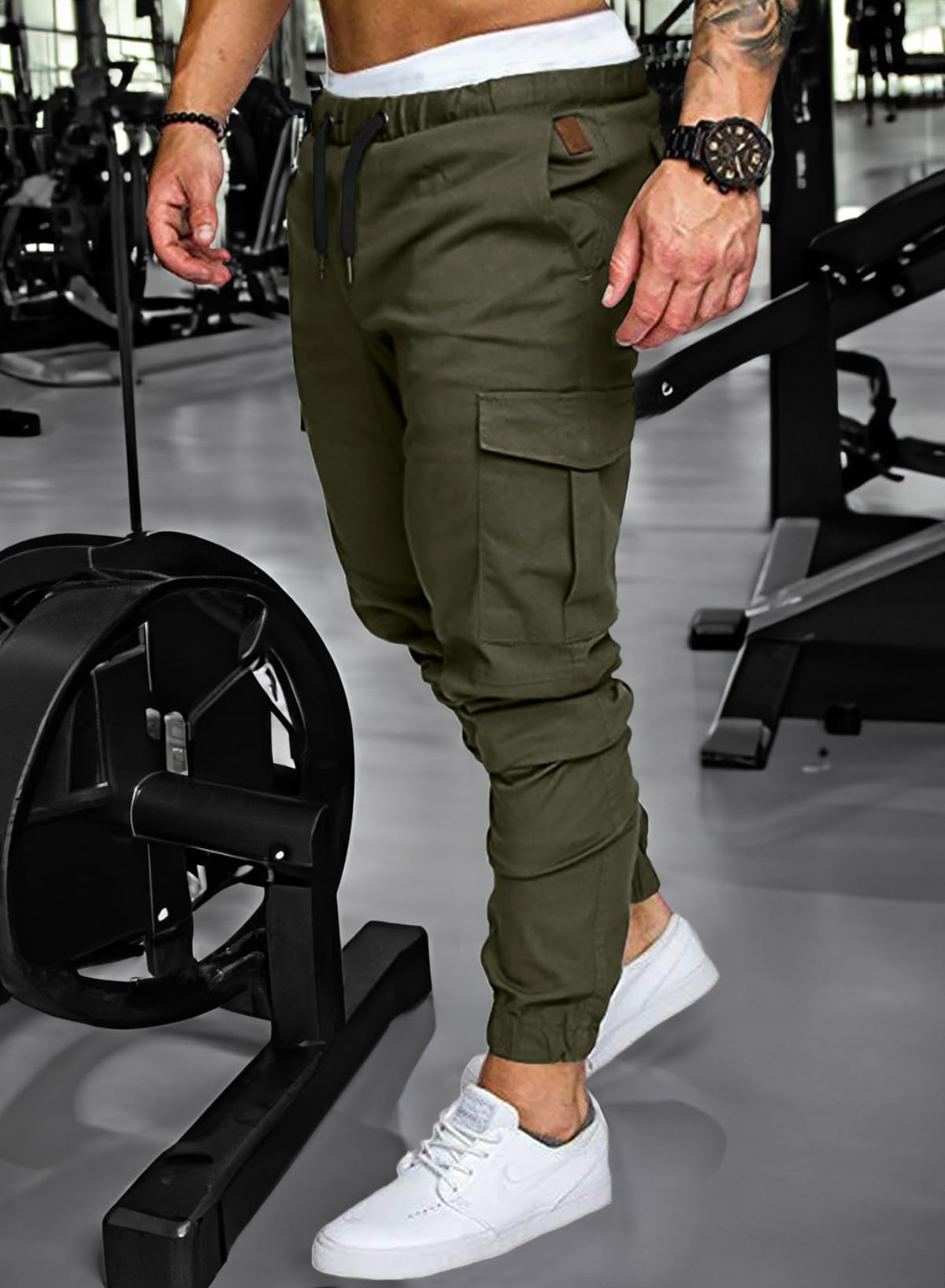 JMIERR Mens Fashion Cargo Pants - Casual Cotton Tapered Stretch Twill Drawstring Athletic Joggers Sweatpants with 6 Pockets