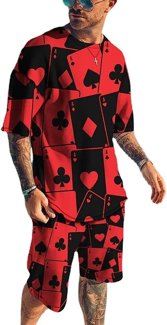 Men's Short Sets 2 Piece Summer Outfits Tracksuits Short Sleeve Shirt and Shorts 3D Poker Shirt
