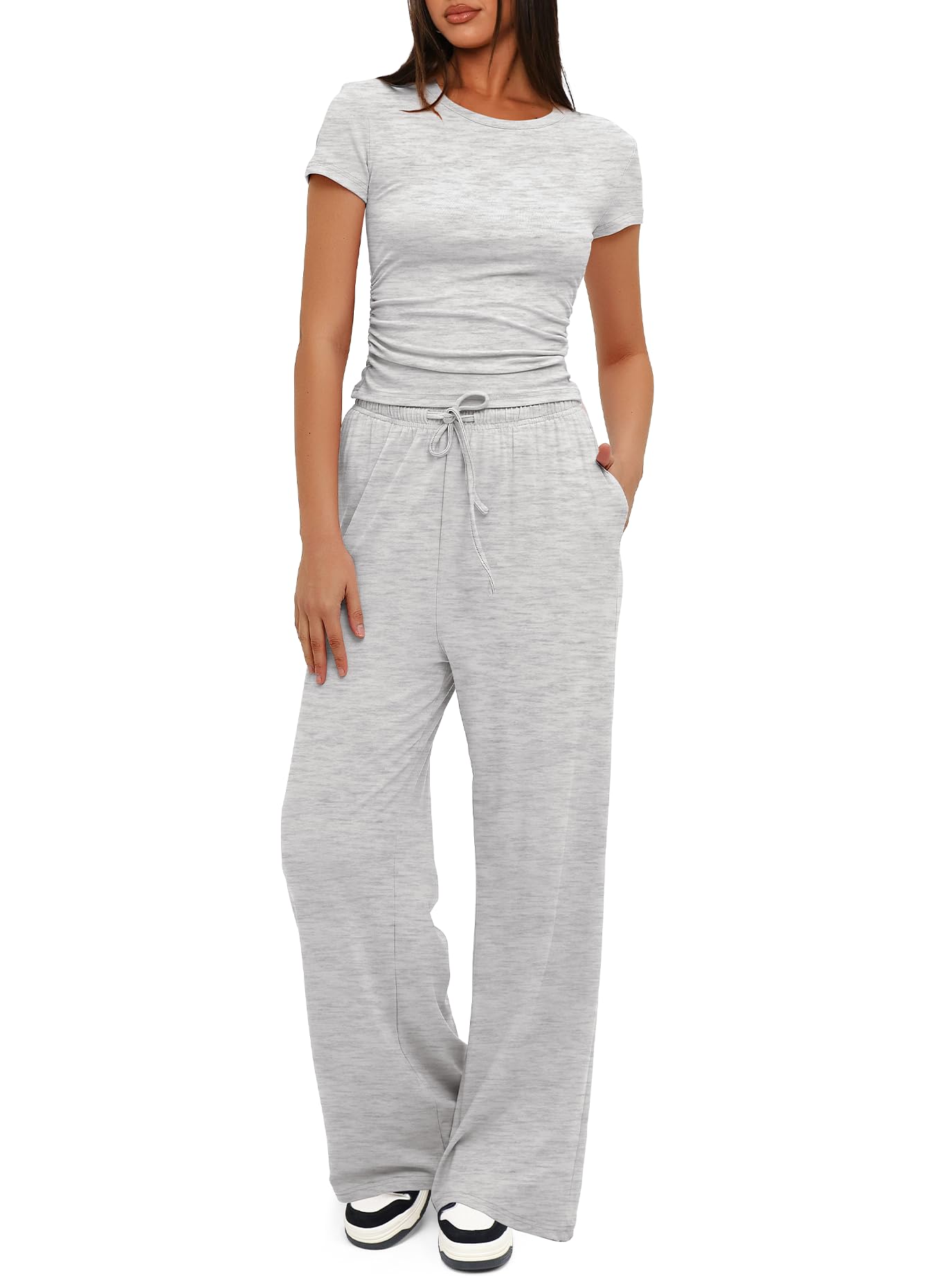 Darong Women's 2 Piece Outfits Lounge Sets Ruched Short Sleeve Tops and High Waisted Wide Leg Pants Tracksuit Sets