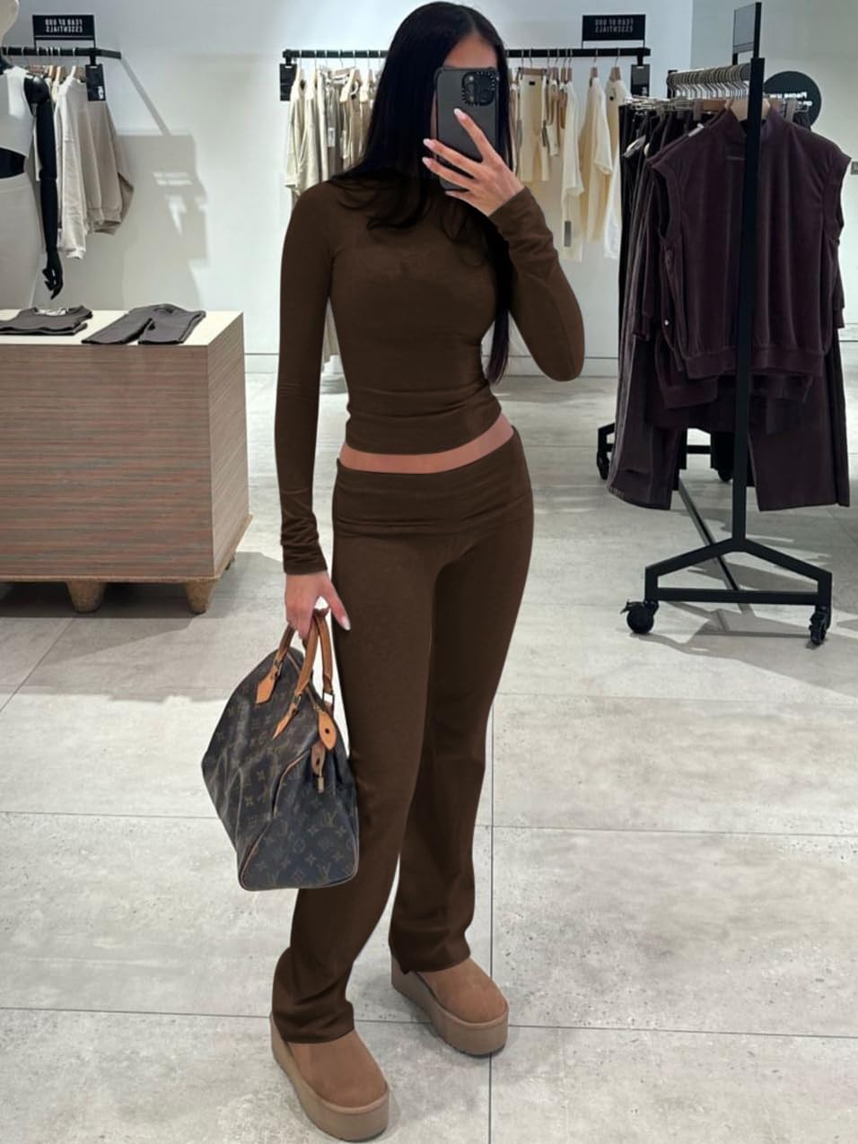 ZFLM Casual Workout Two Piece Outfits Long Sleeve High Waist Fold-over Flare Flared Leggings Pants Tracksuit Sets Streetwear