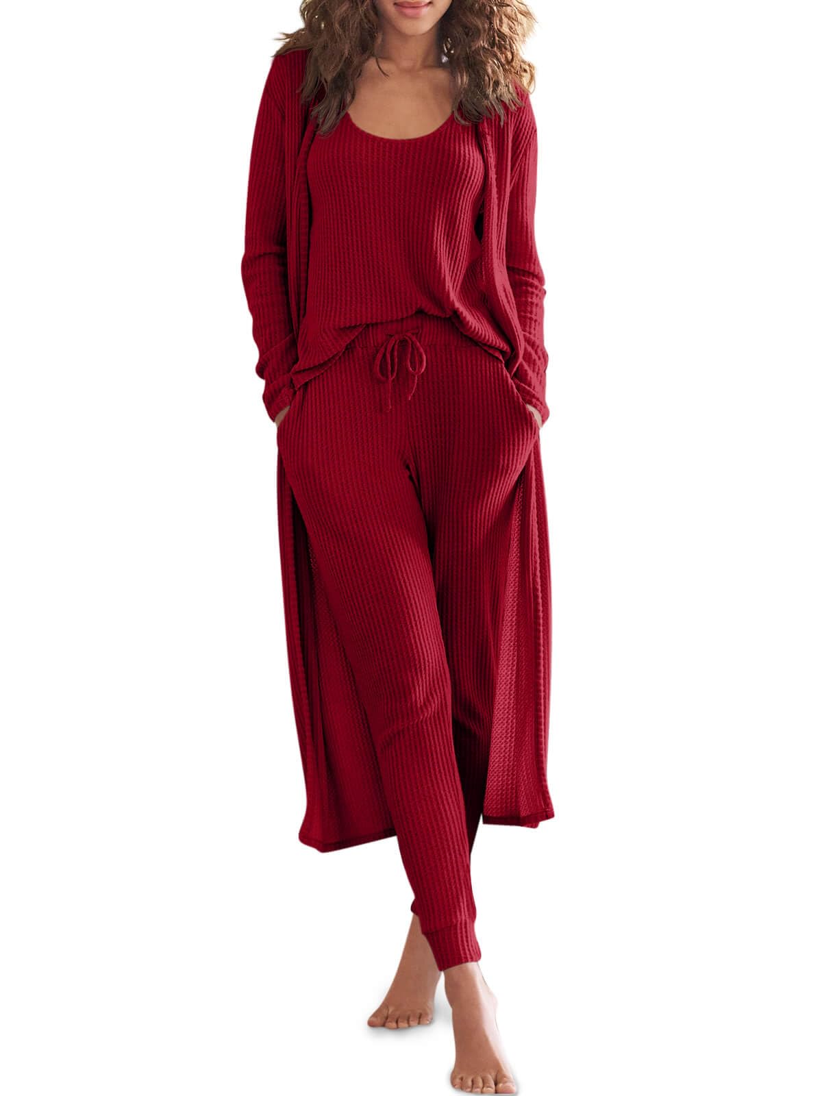 Eurivicy Womens Lounge Set Waffle Knit 3 Piece Pajama Sets Tank Tops Loose Pants with Long Cardigan Loungewear 2024