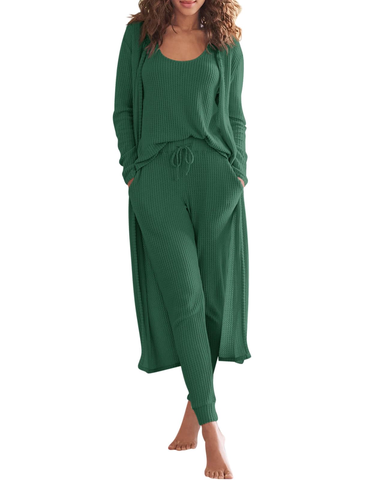 Eurivicy Womens Lounge Set Waffle Knit 3 Piece Pajama Sets Tank Tops Loose Pants with Long Cardigan Loungewear 2024