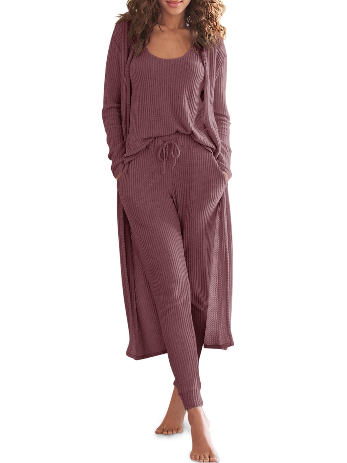 Eurivicy Womens Lounge Set Waffle Knit 3 Piece Pajama Sets Tank Tops Loose Pants with Long Cardigan Loungewear 2024