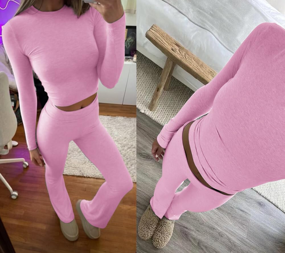 ZFLM Casual Workout Two Piece Outfits Long Sleeve High Waist Fold-over Flare Flared Leggings Pants Tracksuit Sets Streetwear