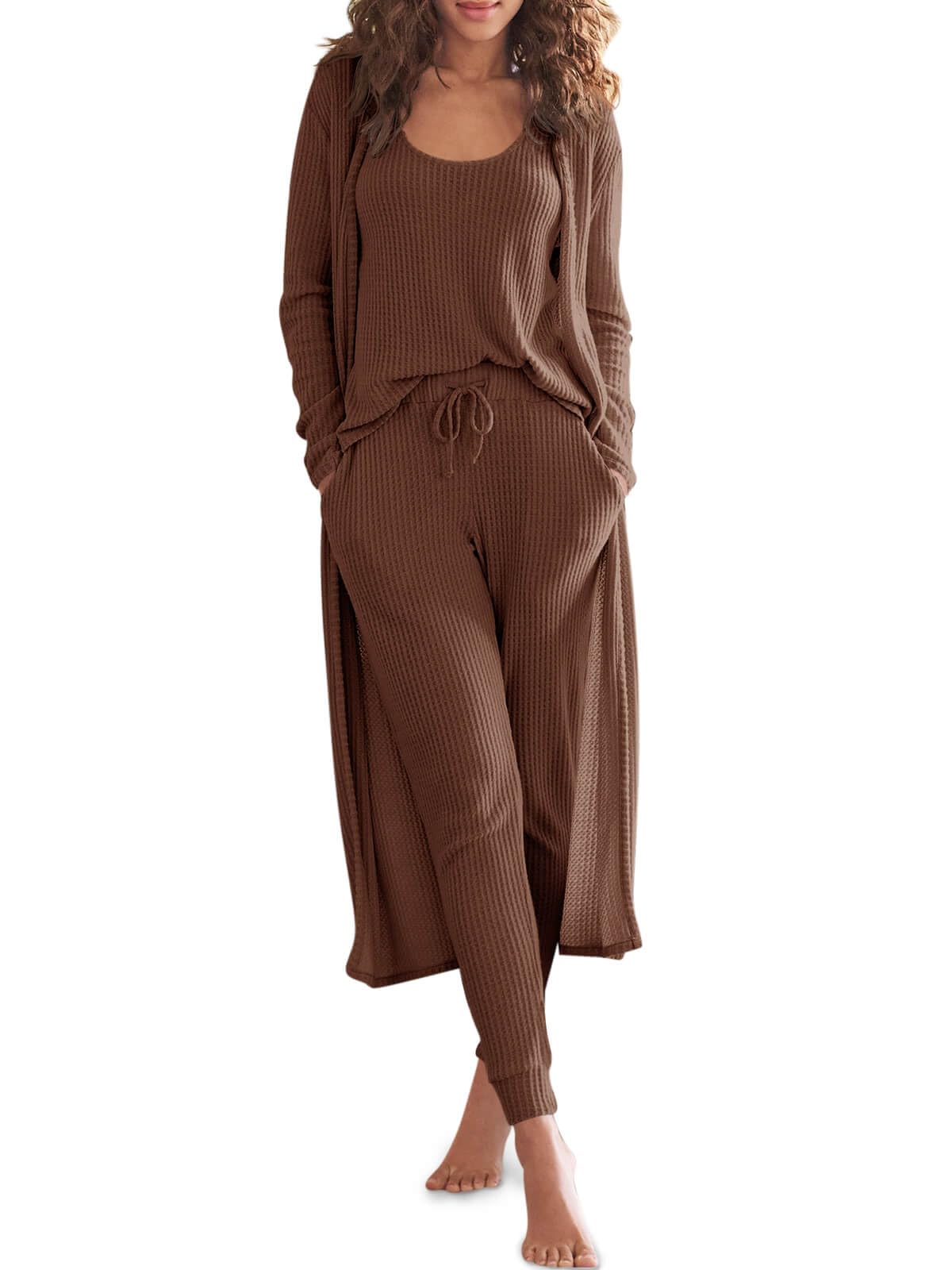 Eurivicy Womens Lounge Set Waffle Knit 3 Piece Pajama Sets Tank Tops Loose Pants with Long Cardigan Loungewear 2024