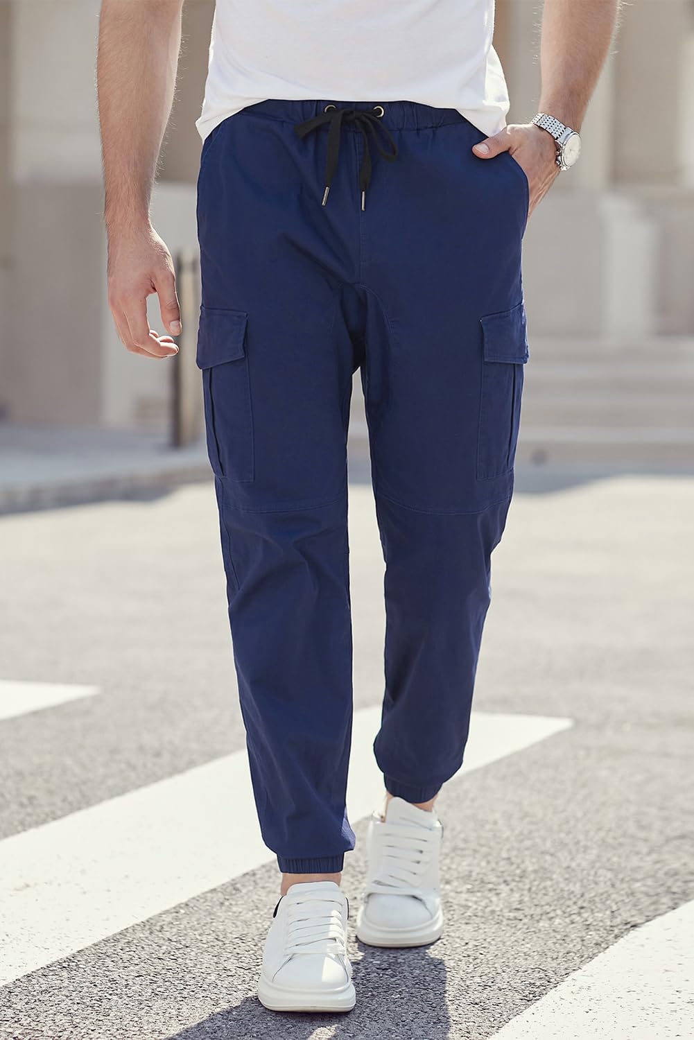 JMIERR Mens Fashion Cargo Pants - Casual Cotton Tapered Stretch Twill Drawstring Athletic Joggers Sweatpants with 6 Pockets