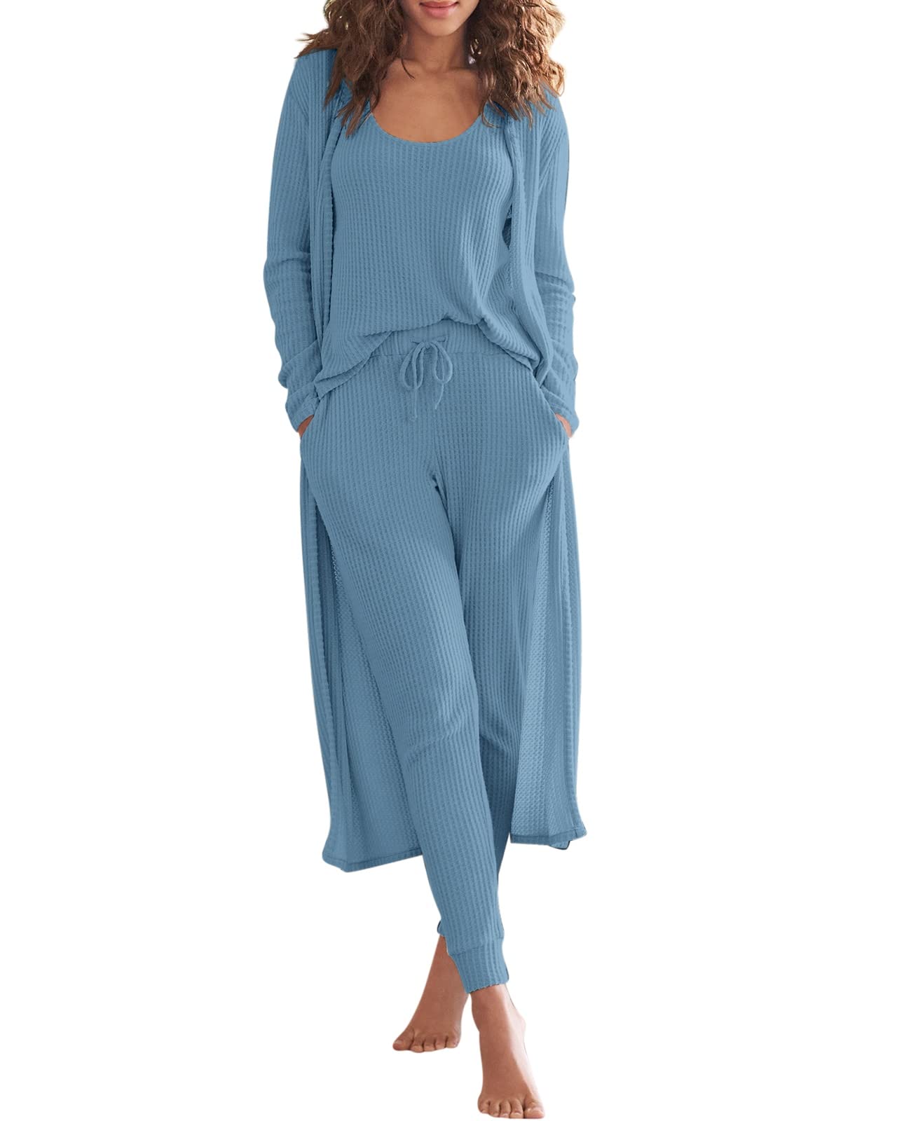 Eurivicy Womens Lounge Set Waffle Knit 3 Piece Pajama Sets Tank Tops Loose Pants with Long Cardigan Loungewear 2024